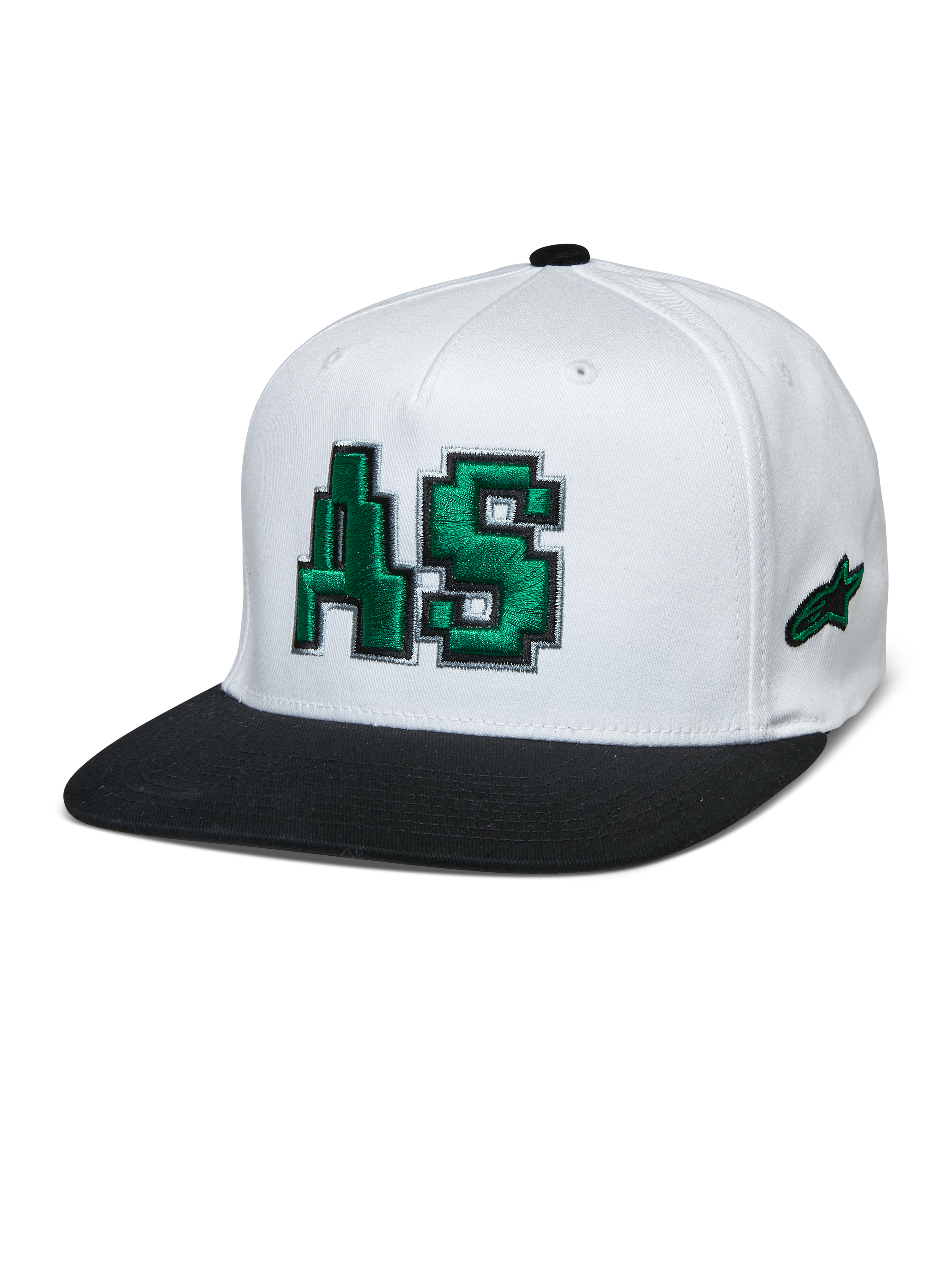 Alpinestars Franchise pet, witte kroon met zwarte platte klep, groen 3D-geborduurd AS-logo, flexibele baseballcap, motorsport lifestyle hoofddeksel