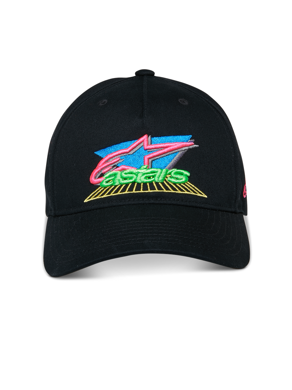 Alpinestars Vivid pet, zwarte baseballcap met opvallend 3D geborduurd logo met roze, blauwe en groene accenten, gebogen klep, semi-gestructureerde lage kroon, casual motorsport streetwear