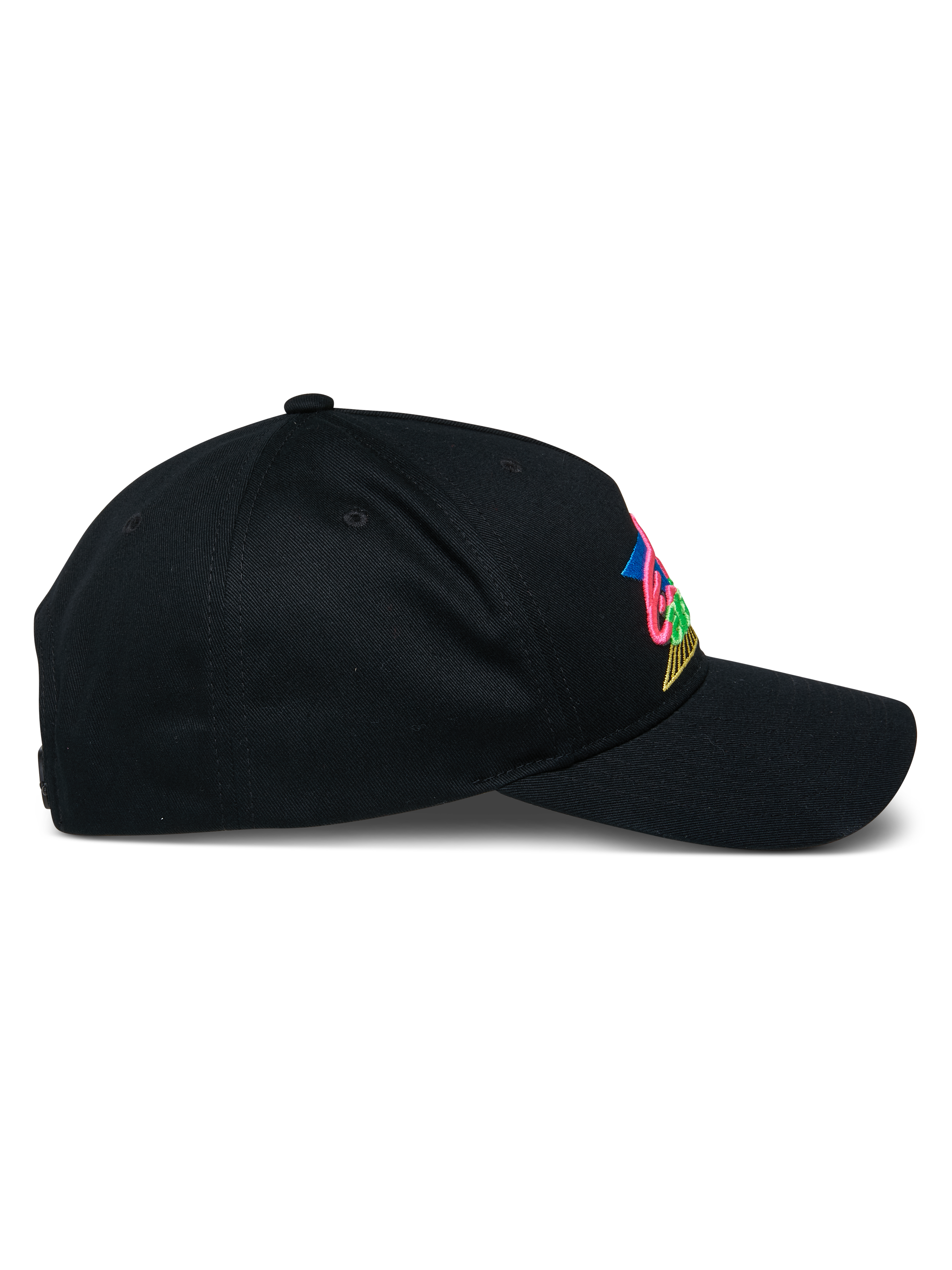Alpinestars Vivid pet, zwarte baseballcap, zijaanzicht met gebogen klep en semi-gestructureerde kroon, kleurrijk 3D geborduurd logo op de voorkant, casual katoenen keperstof streetwear