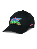 Alpinestars Vivid Pet, zwarte baseballcap met kleurrijk 3D-geborduurd logo, levendige roze, blauwe, groene en gele accenten, gestructureerde gebogen klep, casual op motorsport geïnspireerde streetwear