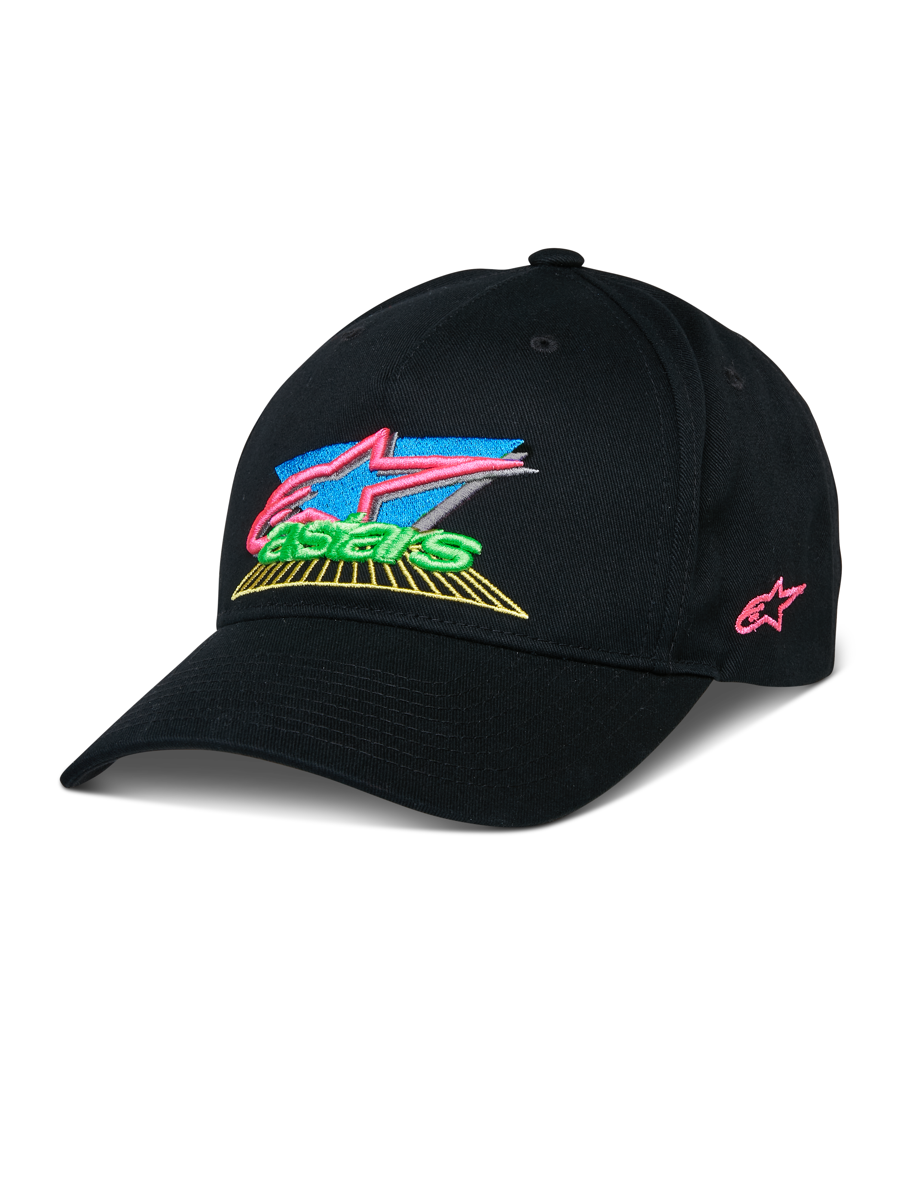 Alpinestars Vivid Pet, zwarte baseballcap met kleurrijk 3D-geborduurd logo, levendige roze, blauwe, groene en gele accenten, gestructureerde gebogen klep, casual op motorsport geïnspireerde streetwear