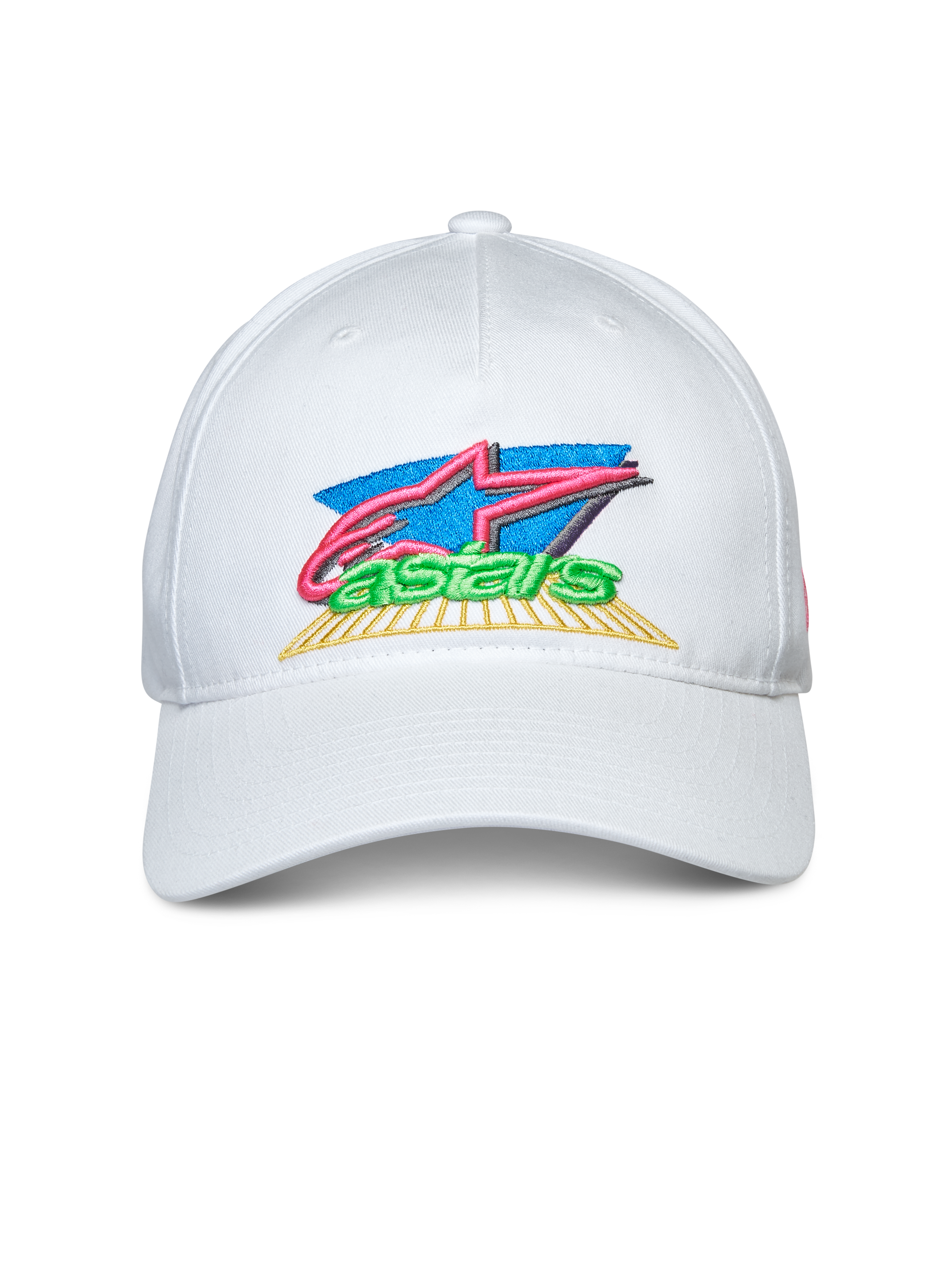 Alpinestars Vivid pet, witte snapback pet met gebogen klep, kleurrijk 3D en plat geborduurd logo aan de voorzijde, casual sportkleding