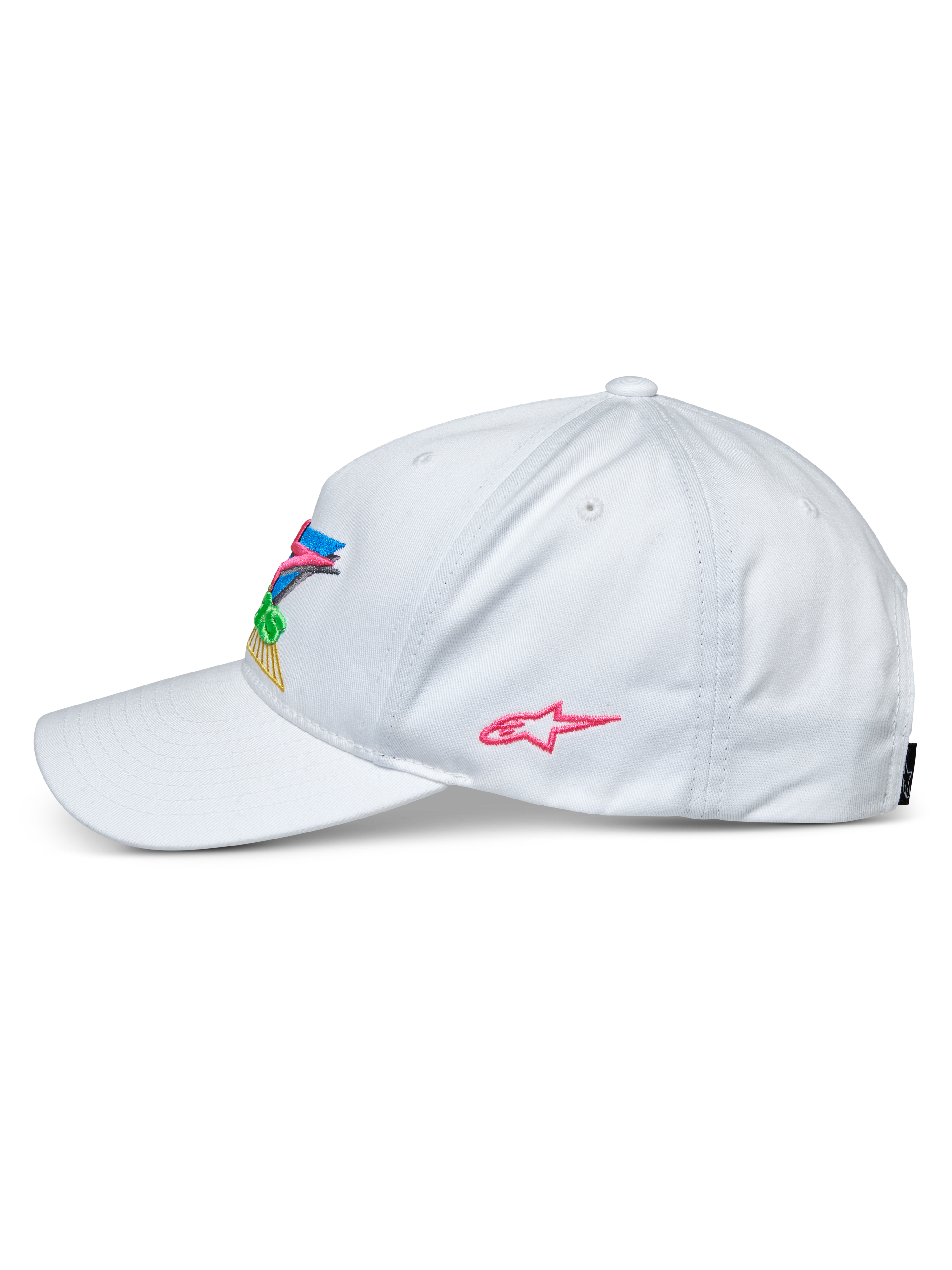 Alpinestars Vivid pet, wit, zijaanzicht van een baseballcap, gebogen klep en semi-gestructureerde lage kroon, voorzien van kleurrijk 3D-borduurwerk aan de voorkant en een roze sterlogo aan de zijkant, casual sportswear