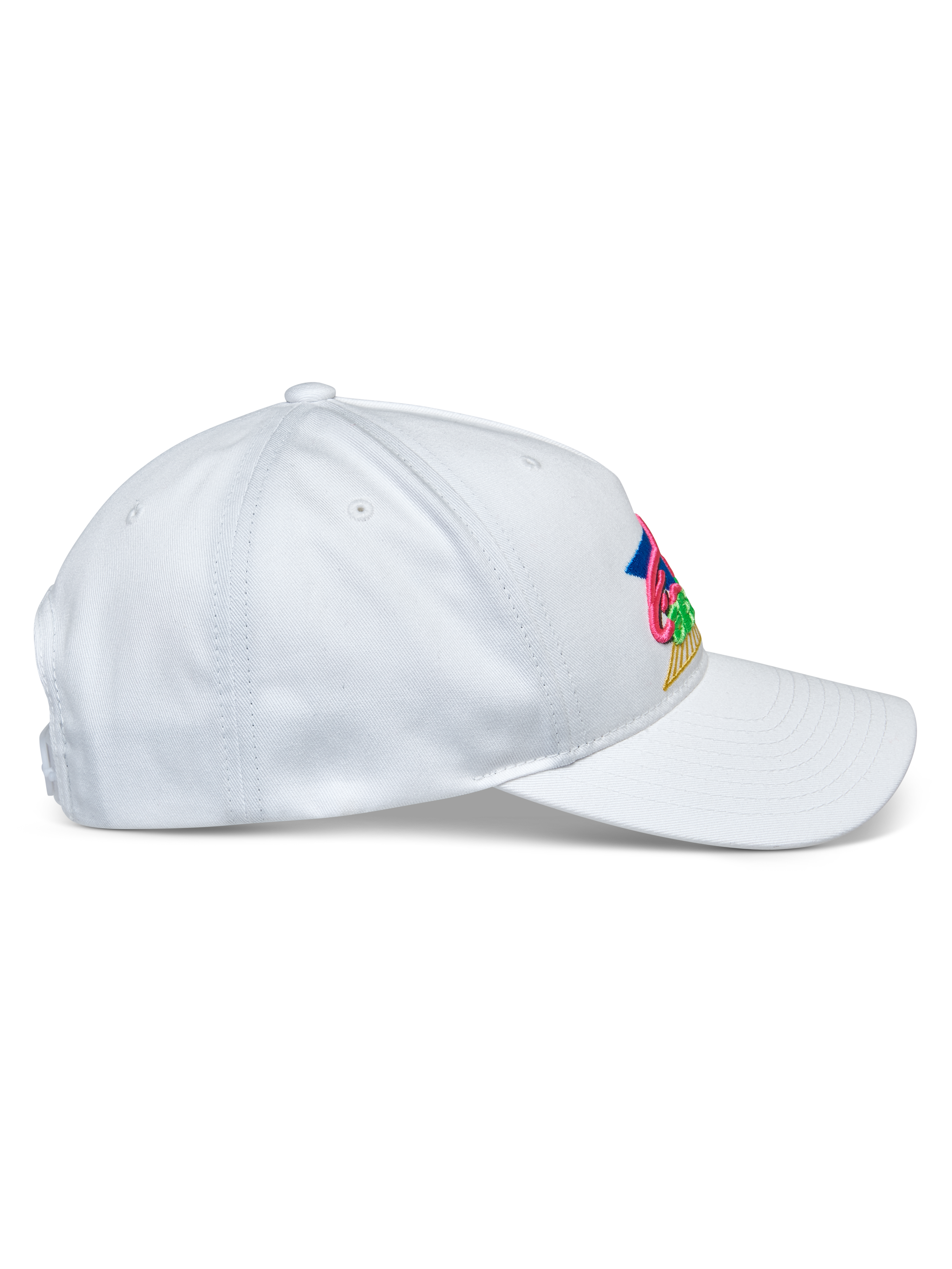 Alpinestars Vivid pet, wit, zijaanzicht, semi-gestructureerde baseballcap met lage kroon en gebogen klep, katoenen twill-stof, voorzien van levendig meerkleurig borduurwerk op de voorkant, casual pet