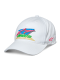 Alpinestars Vivid Hat, witte baseballcap, 3D geborduurd kleurrijk Astars-logo met roze, blauw, groen en geel, gebogen klep, semi-gestructureerde lage kroon, casual sportswear