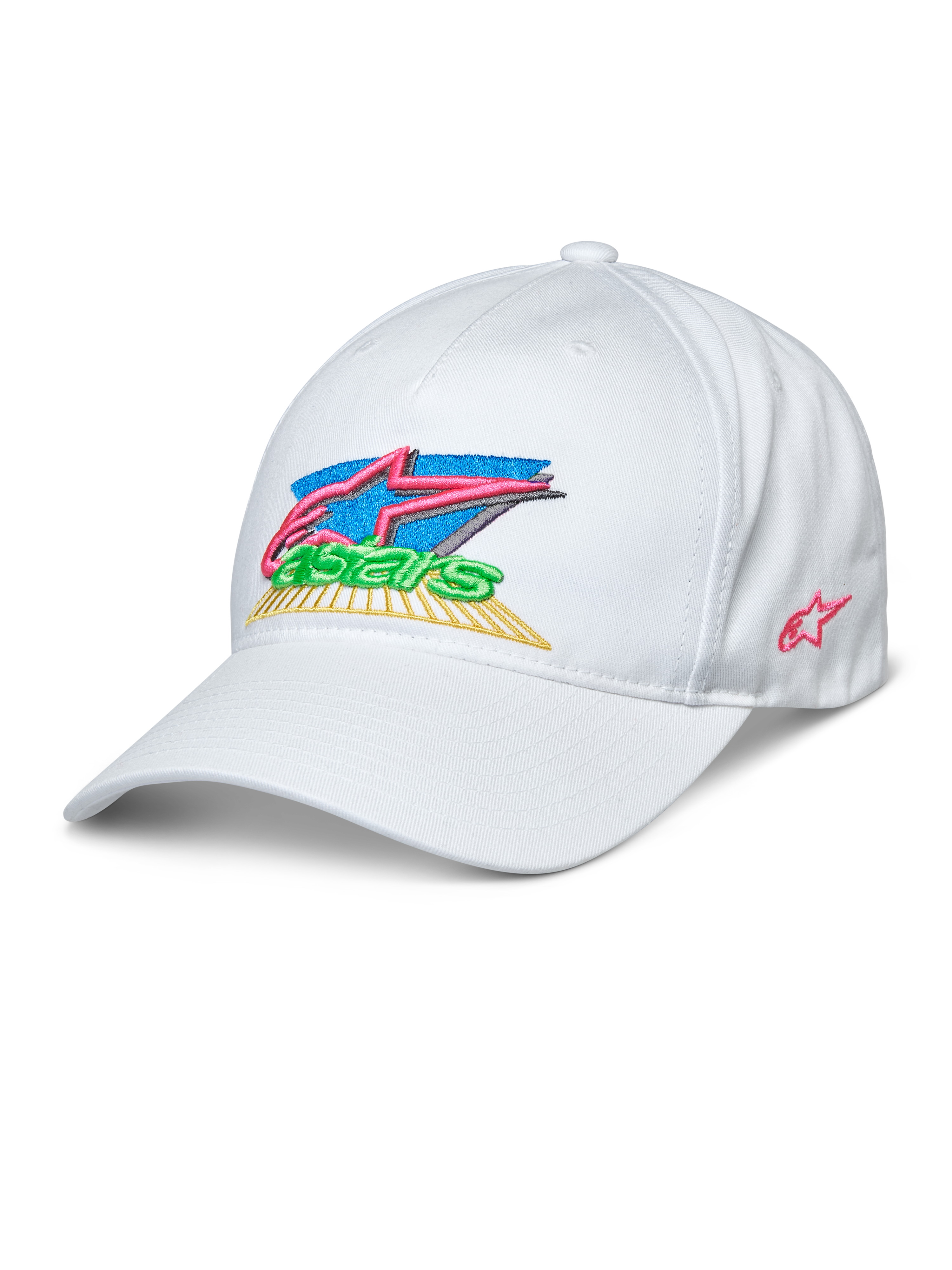 Alpinestars Vivid Hat, witte baseballcap, 3D geborduurd kleurrijk Astars-logo met roze, blauw, groen en geel, gebogen klep, semi-gestructureerde lage kroon, casual sportswear