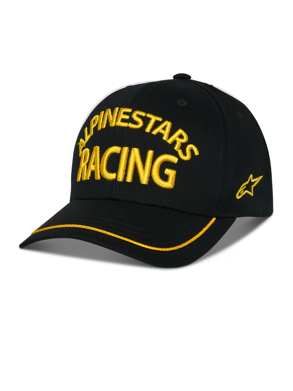 Alpinestars Luminary pet, zwarte baseballcap met geel ALPINESTARS RACING 3D-borduurwerk, gebogen klep met gele bies, sterlogo aan de zijkant, casual motorsport streetwear