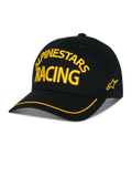 Alpinestars Luminary pet, zwarte baseballcap met geel ALPINESTARS RACING 3D-borduurwerk, gebogen klep met gele bies, sterlogo aan de zijkant, casual motorsport streetwear