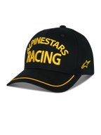 Alpinestars Luminary pet, zwarte baseballcap met geel ALPINESTARS RACING 3D-borduurwerk, gebogen klep met gele bies, sterlogo aan de zijkant, casual motorsport streetwear