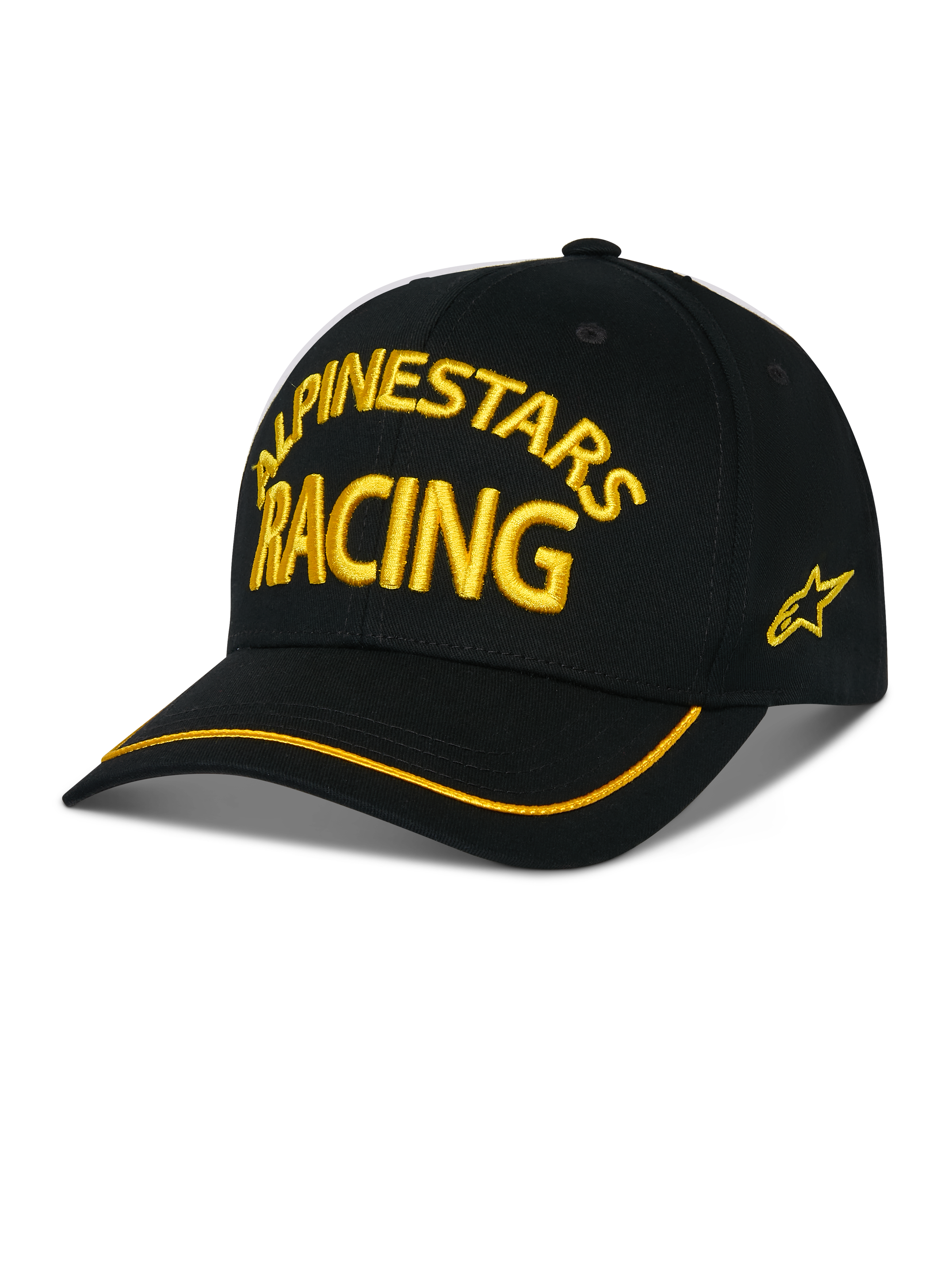 Alpinestars Luminary pet, zwarte baseballcap met geel ALPINESTARS RACING 3D-borduurwerk, gebogen klep met gele bies, sterlogo aan de zijkant, casual motorsport streetwear