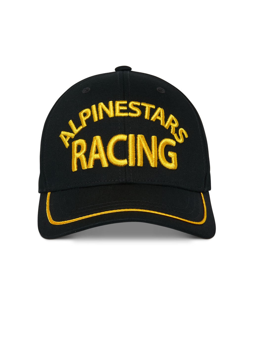 Alpinestars Luminary pet, zwarte snapback cap, geel 3D Alpinestars Racing borduursel aan de voorzijde, gebogen klep met gele sutache-rand, casual motorsport hoofdbedekking