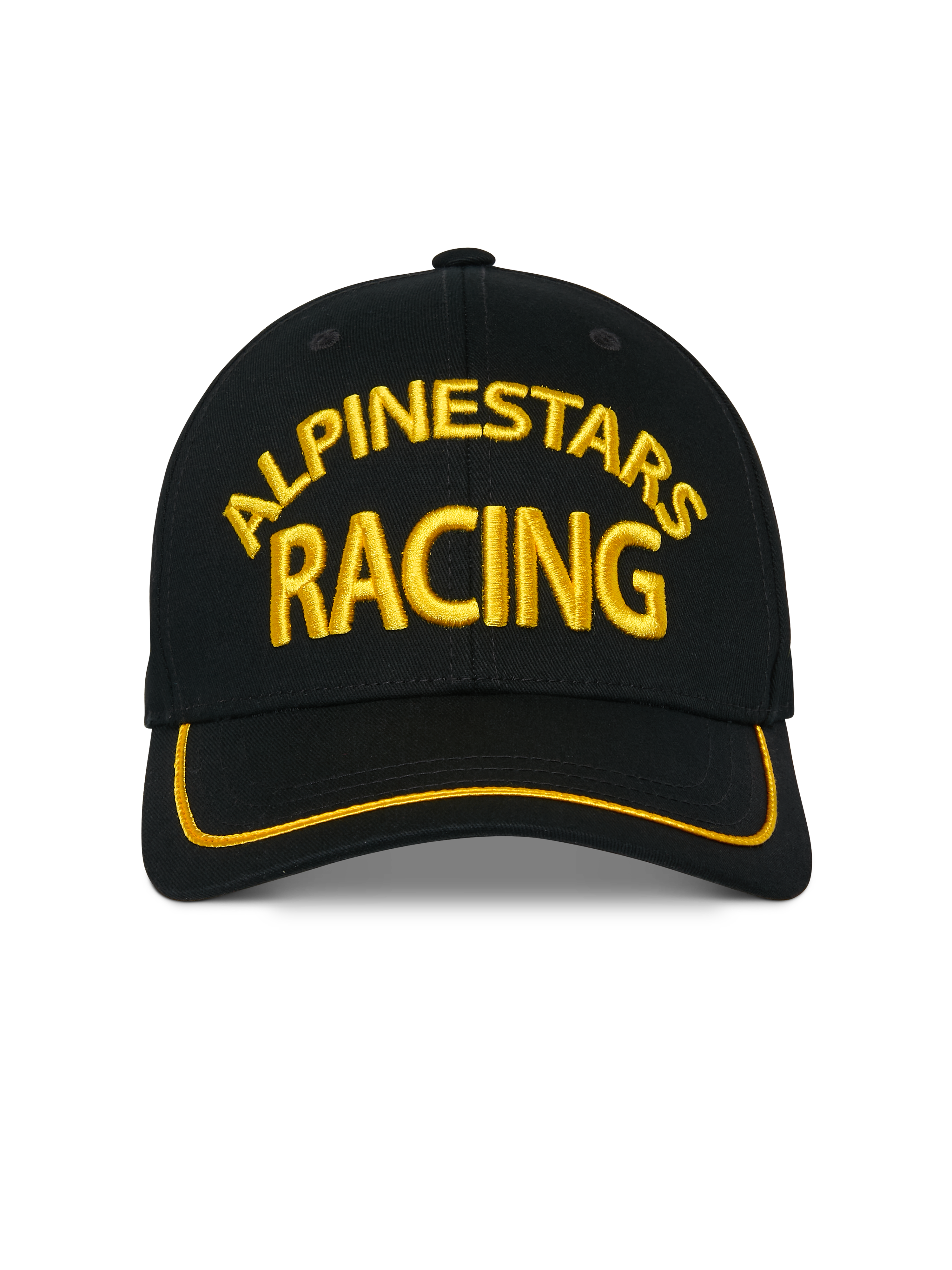 Alpinestars Luminary pet, zwarte snapback cap, geel 3D Alpinestars Racing borduursel aan de voorzijde, gebogen klep met gele sutache-rand, casual motorsport hoofdbedekking