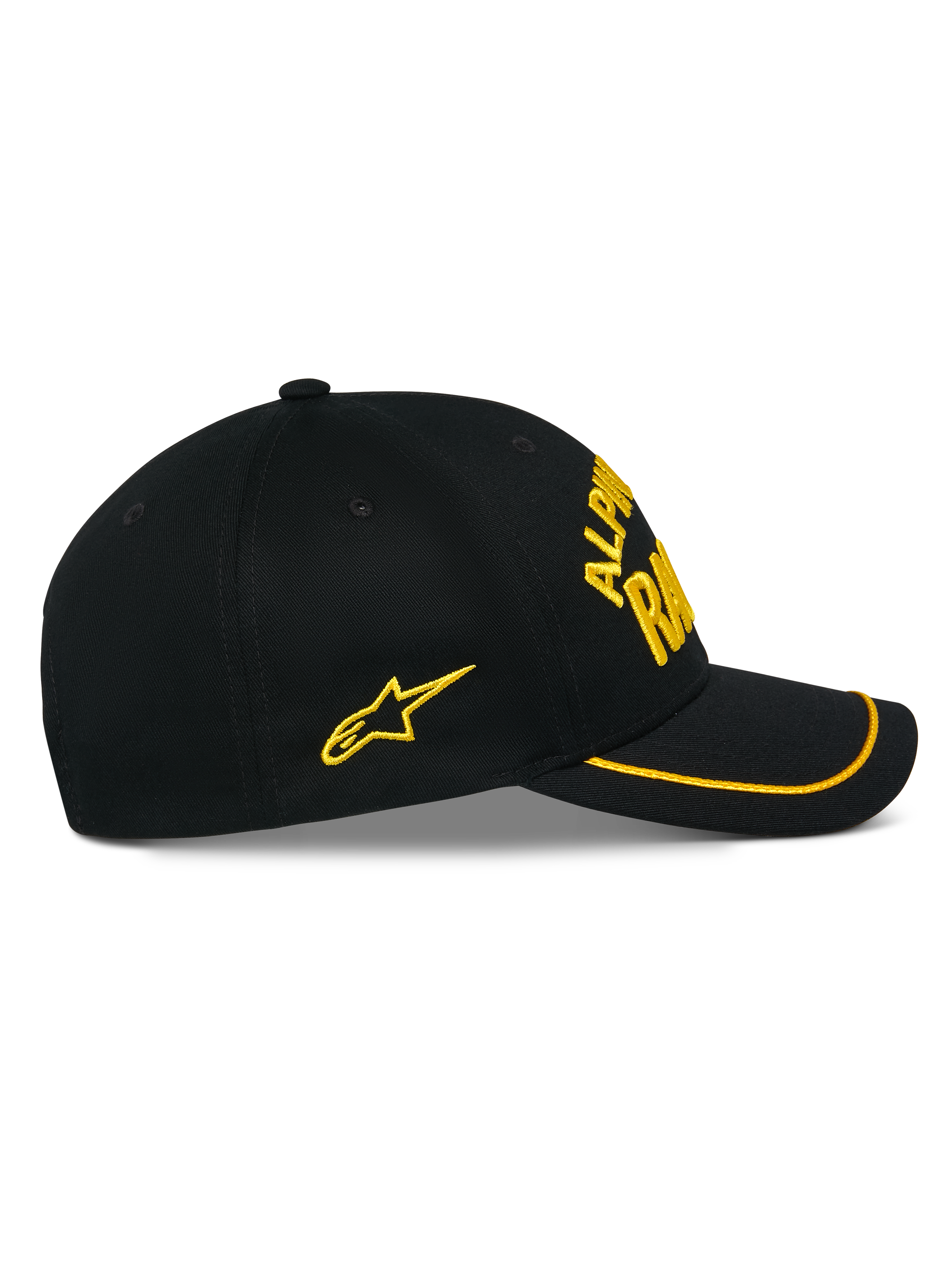Alpinestars Luminary pet, zwarte snapback cap, zijaanzicht, gebogen klep met gele sutache rand, geel 3D-geborduurd logo en ster aan de zijkant, 100% katoenen keperstof, casual motorsport-geïnspireerde hoofdbedekking