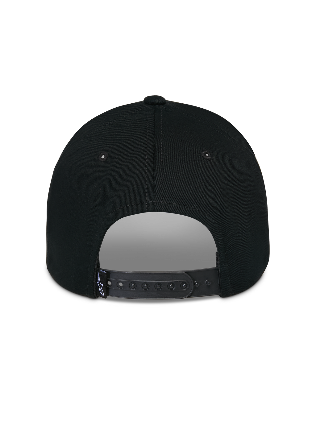 Alpinestars Luminary pet, zwart, achteraanzicht met verstelbare snapback-sluiting en klein geweven logo-label, gestructureerde katoenen kroon, casual motorsport-geïnspireerde hoofdbedekking