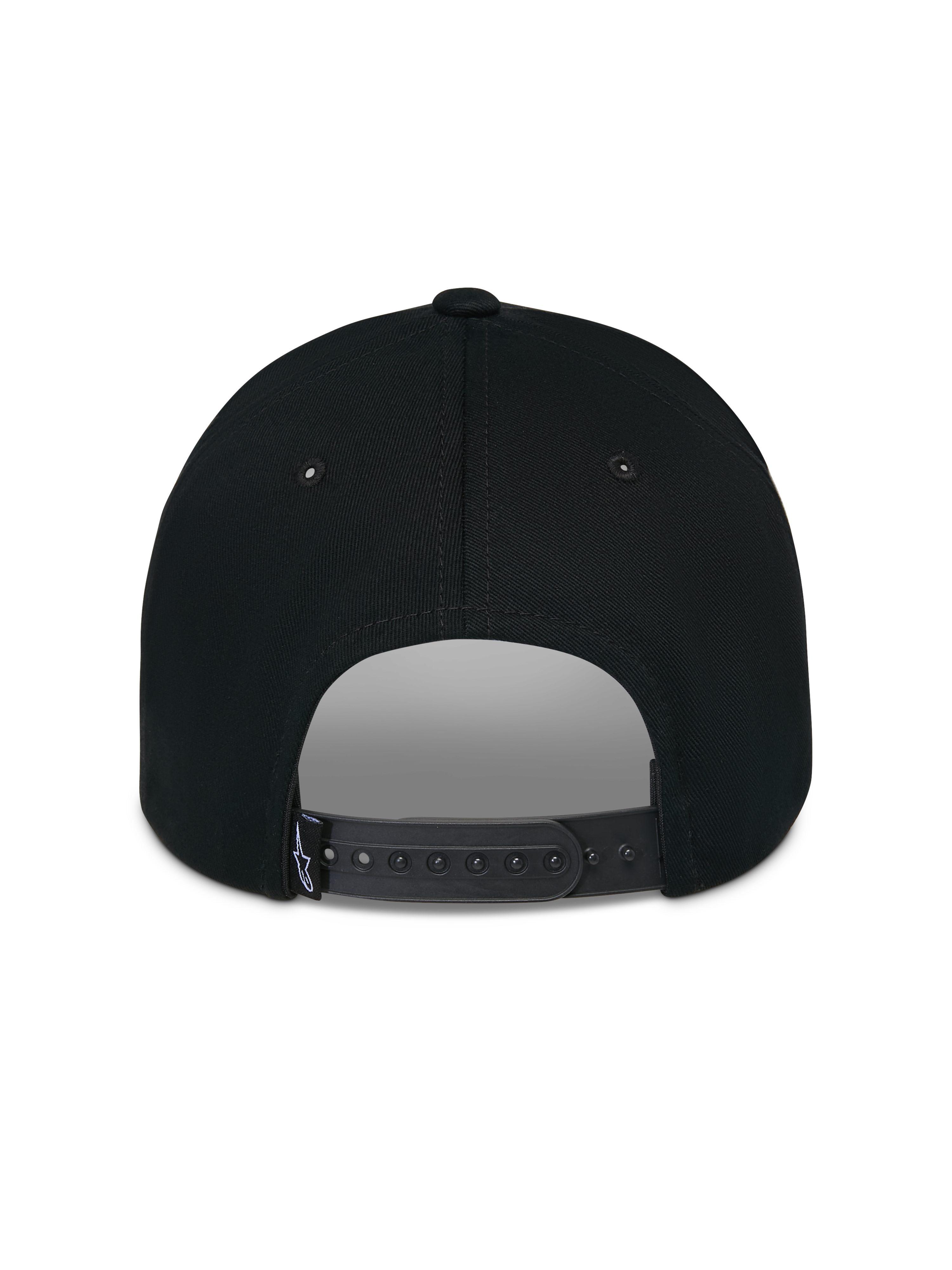 Alpinestars Luminary pet, zwart, achteraanzicht met verstelbare snapback-sluiting en klein geweven logo-label, gestructureerde katoenen kroon, casual motorsport-geïnspireerde hoofdbedekking