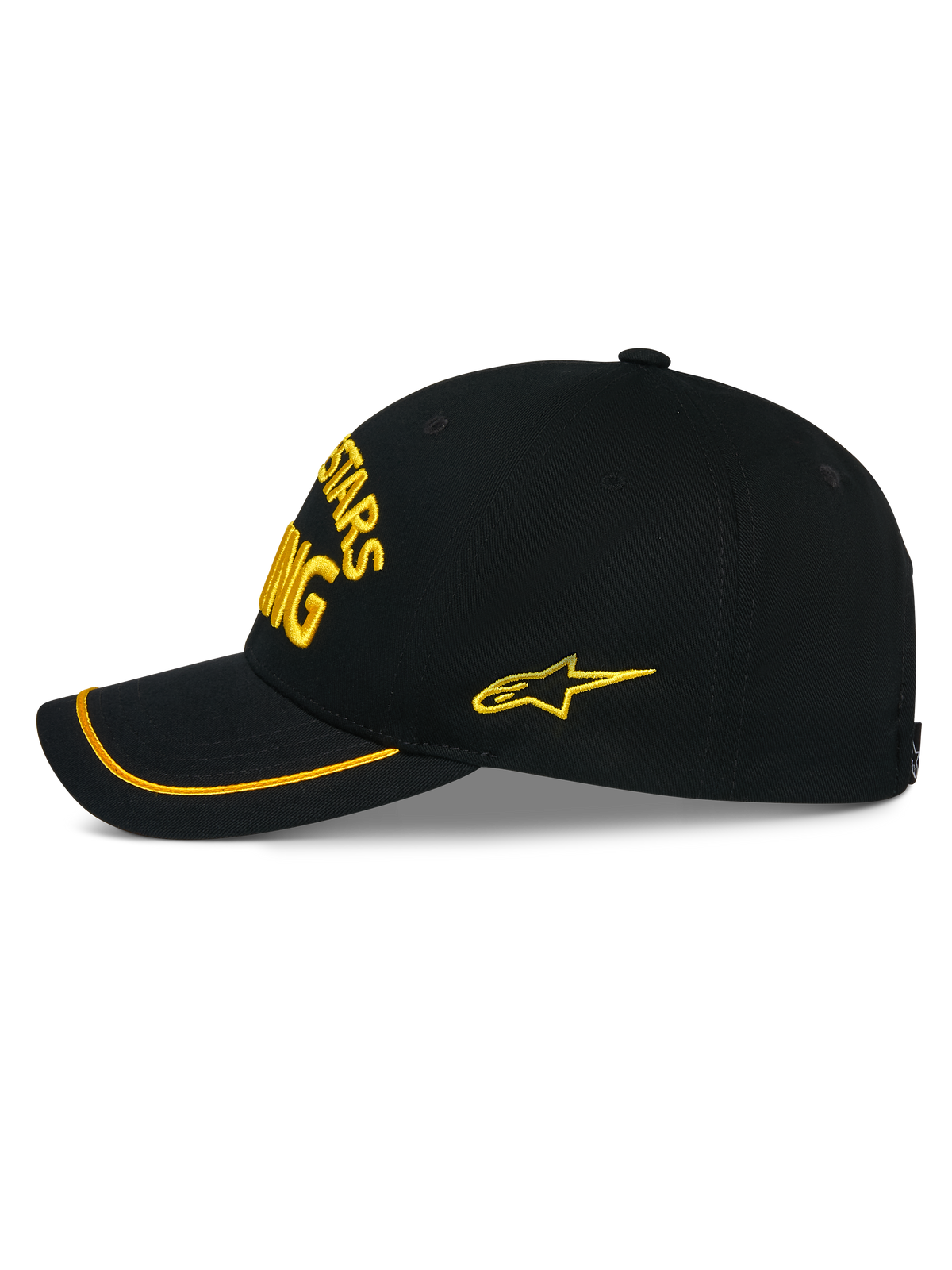 Alpinestars Luminary pet, zwarte snapback cap zijaanzicht, geel 3D-borduurwerk op de voor- en zijkant, gebogen klep met gele sutache rand, gestructureerde katoenen keperstof constructie