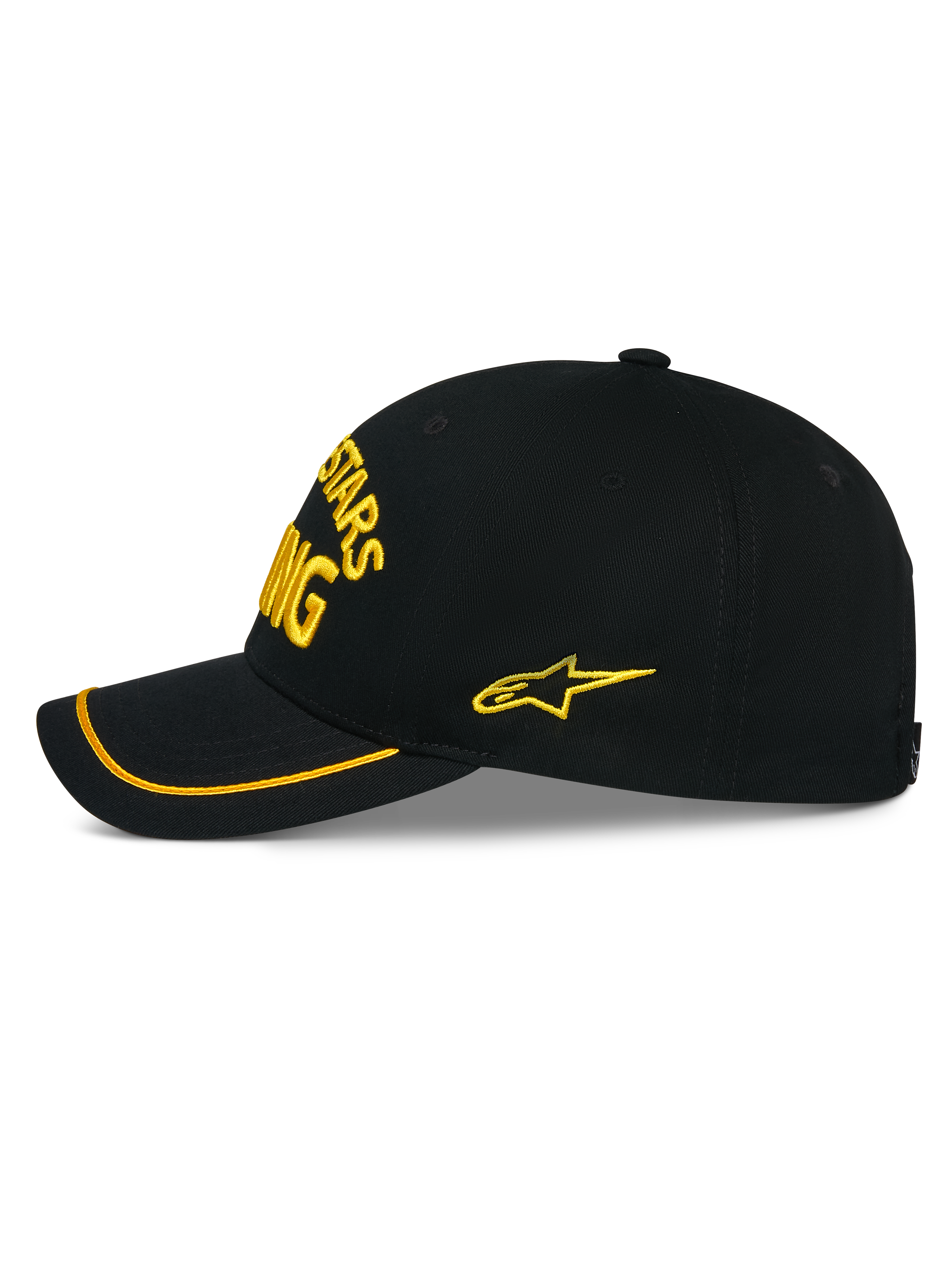 Alpinestars Luminary pet, zwarte snapback cap zijaanzicht, geel 3D-borduurwerk op de voor- en zijkant, gebogen klep met gele sutache rand, gestructureerde katoenen keperstof constructie