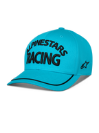 Alpinestars Luminary pet, aqua blauwe snapback met gebogen klep, zwart 3D-geborduurd 'ALPINESTARS RACING' logo, plat geborduurd logo aan de zijkant en zwarte sutache-rand op de klep, casual motorsportstijl