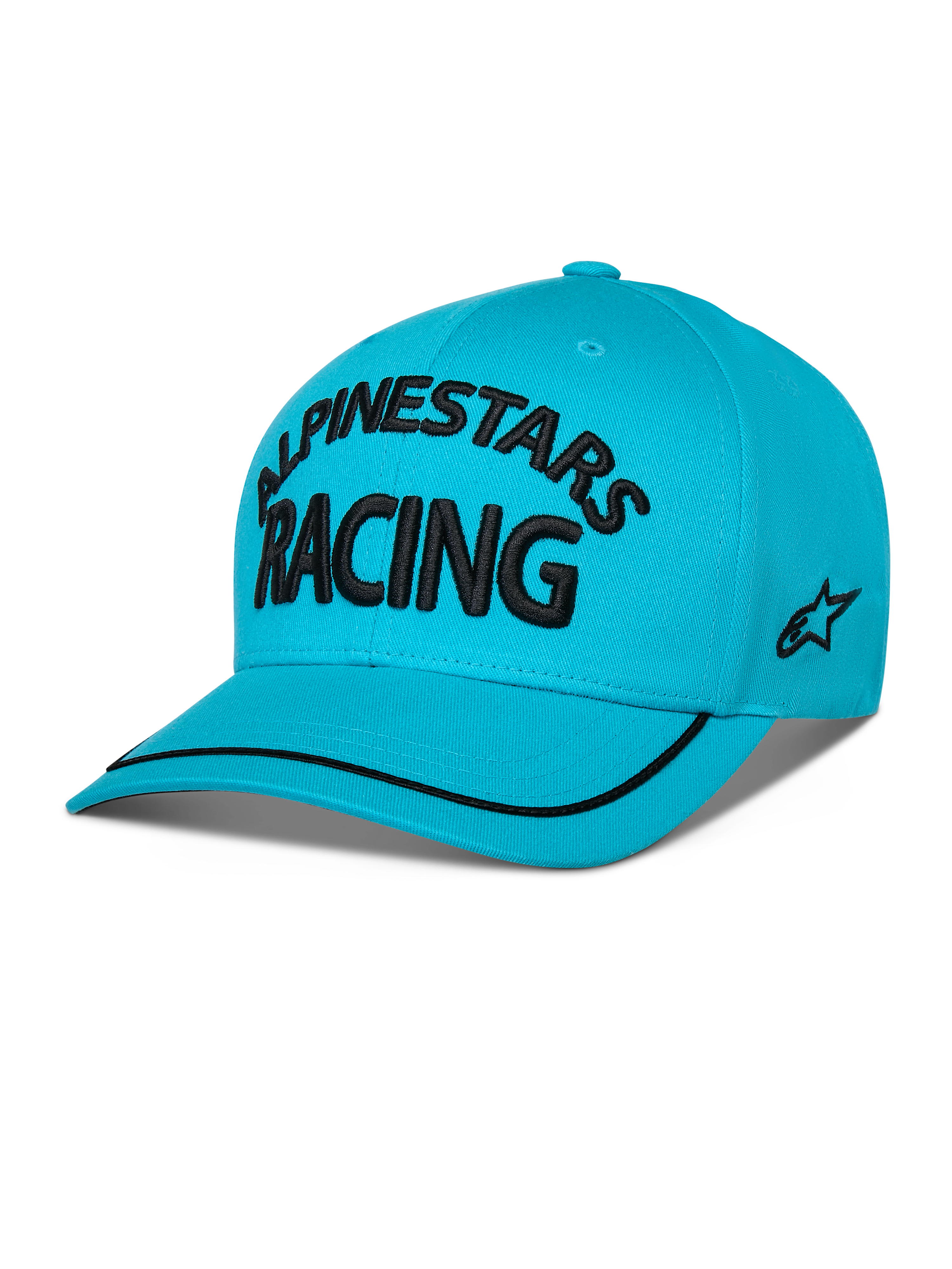 Alpinestars Luminary pet, aqua blauwe snapback met gebogen klep, zwart 3D-geborduurd 'ALPINESTARS RACING' logo, plat geborduurd logo aan de zijkant en zwarte sutache-rand op de klep, casual motorsportstijl