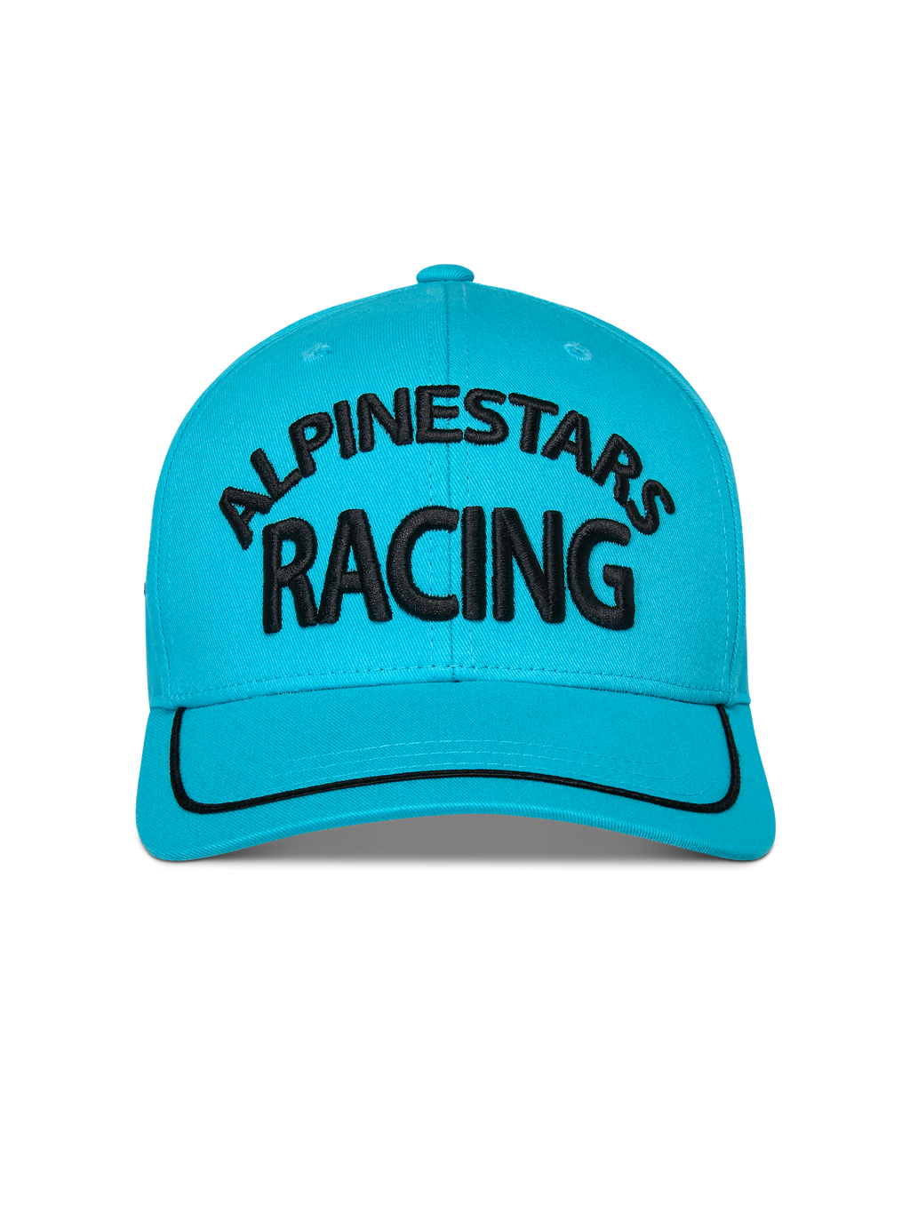 Alpinestars Luminary Pet, Aqua Blue, vooraanzicht van een snapback pet met gebogen klep, zwart 3D-geborduurd Alpinestars Racing-logo, zwarte sutache-bies op de klep, gestructureerde kroon, casual sportkleding