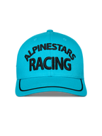 Alpinestars Luminary Pet, Aqua Blue, vooraanzicht van een snapback pet met gebogen klep, zwart 3D-geborduurd Alpinestars Racing-logo, zwarte sutache-bies op de klep, gestructureerde kroon, casual sportkleding