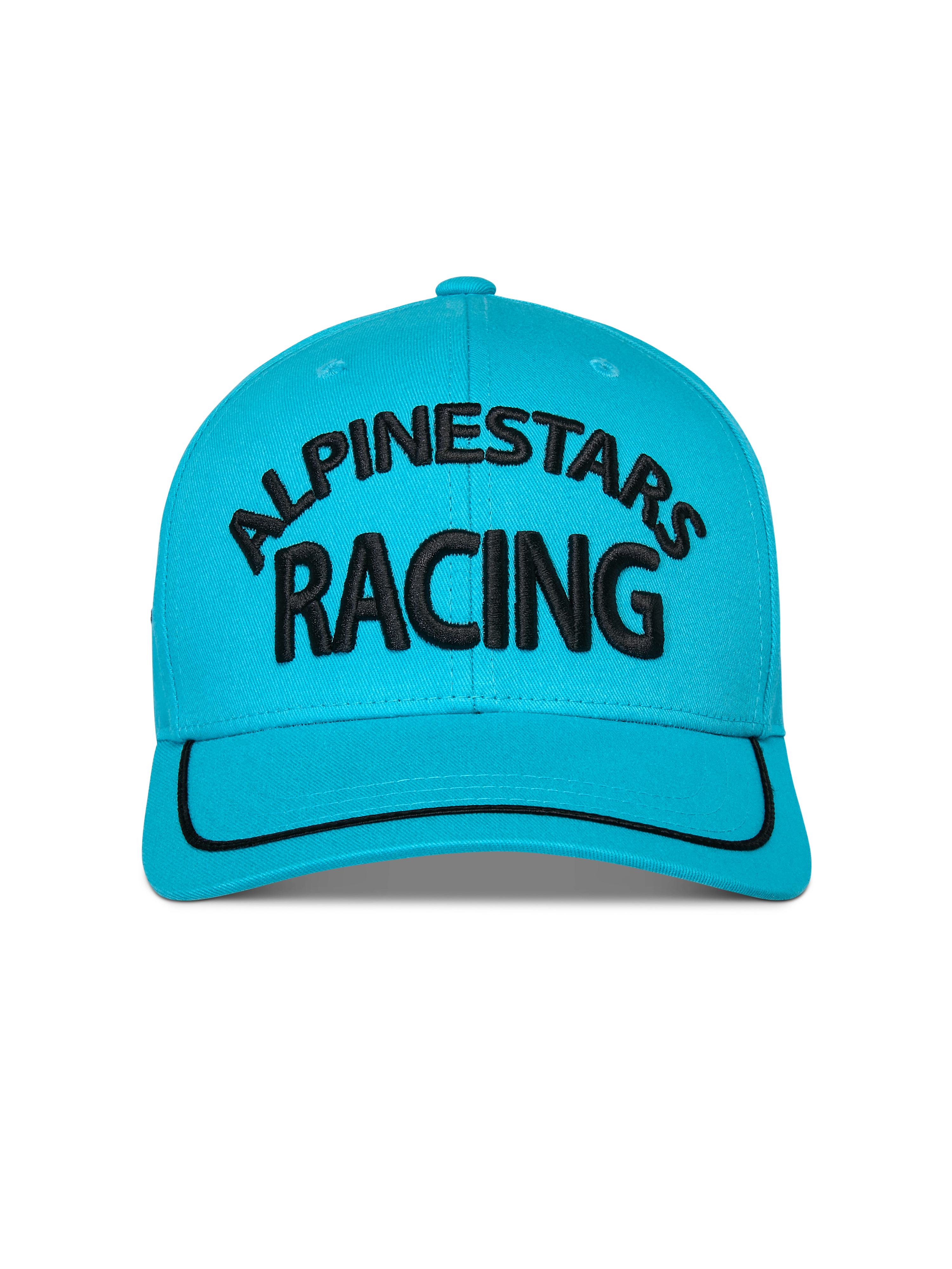 Alpinestars Luminary Pet, Aqua Blue, vooraanzicht van een snapback pet met gebogen klep, zwart 3D-geborduurd Alpinestars Racing-logo, zwarte sutache-bies op de klep, gestructureerde kroon, casual sportkleding