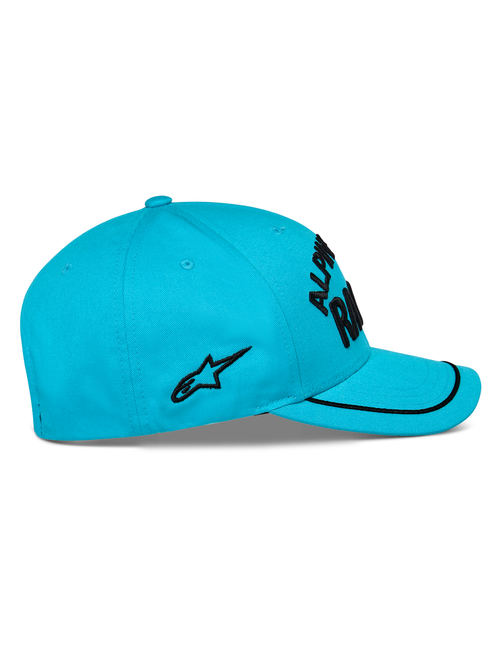 Alpinestars Luminary pet, aqua blauw, zijaanzicht, gebogen klep met zwarte sutache rand, zwart plat geborduurd logo aan de zijkant, gestructureerde kroon, casual motorsport hoofddeksel