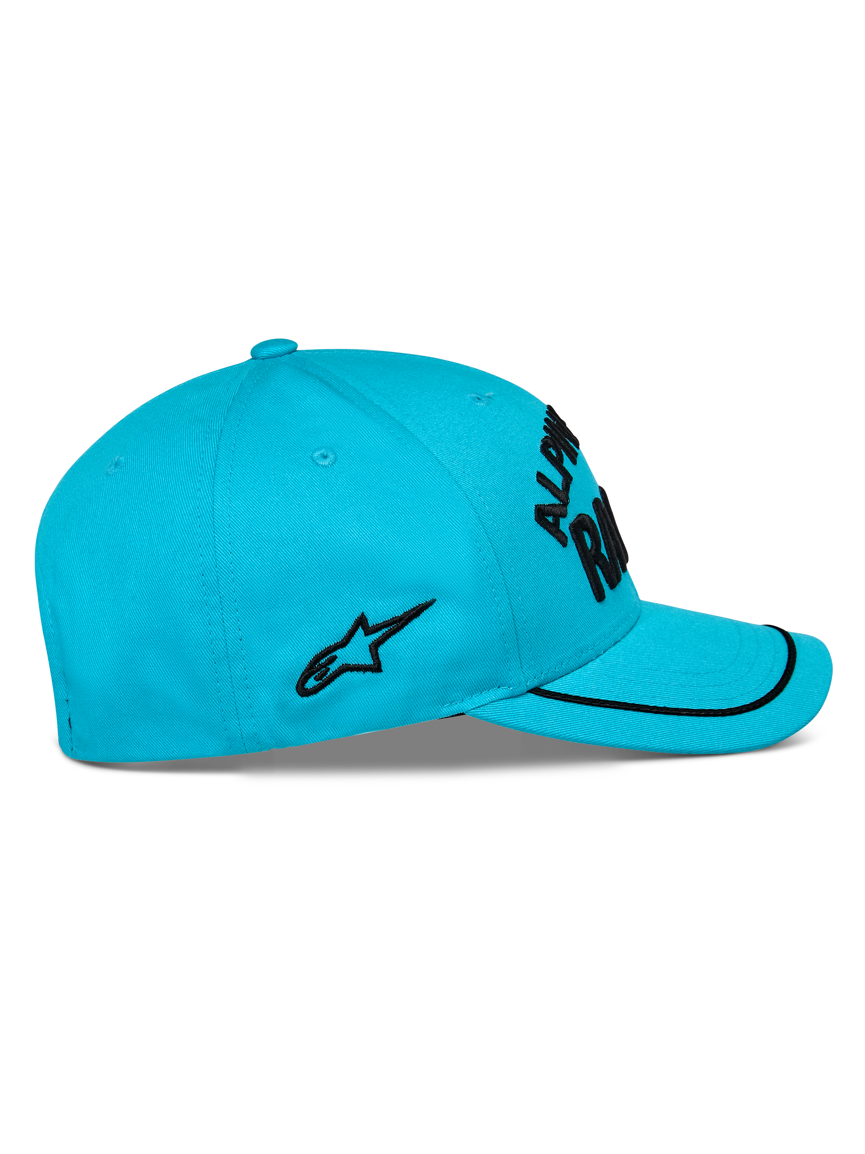 Alpinestars Luminary pet, aqua blauw, zijaanzicht, gebogen klep met zwarte sutache rand, zwart plat geborduurd logo aan de zijkant, gestructureerde kroon, casual motorsport hoofddeksel