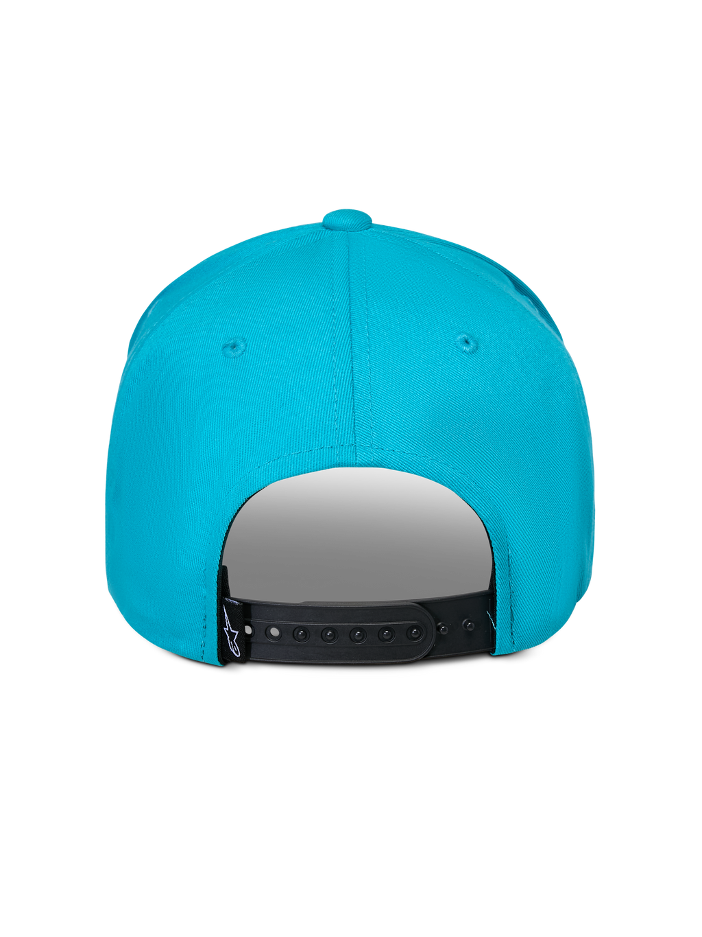 Alpinestars Luminary pet, Aqua blauw, achteraanzicht met verstelbare zwarte snapback-sluiting, klein zwart logo-label, 100% katoen keperstof, casual sportieve pet