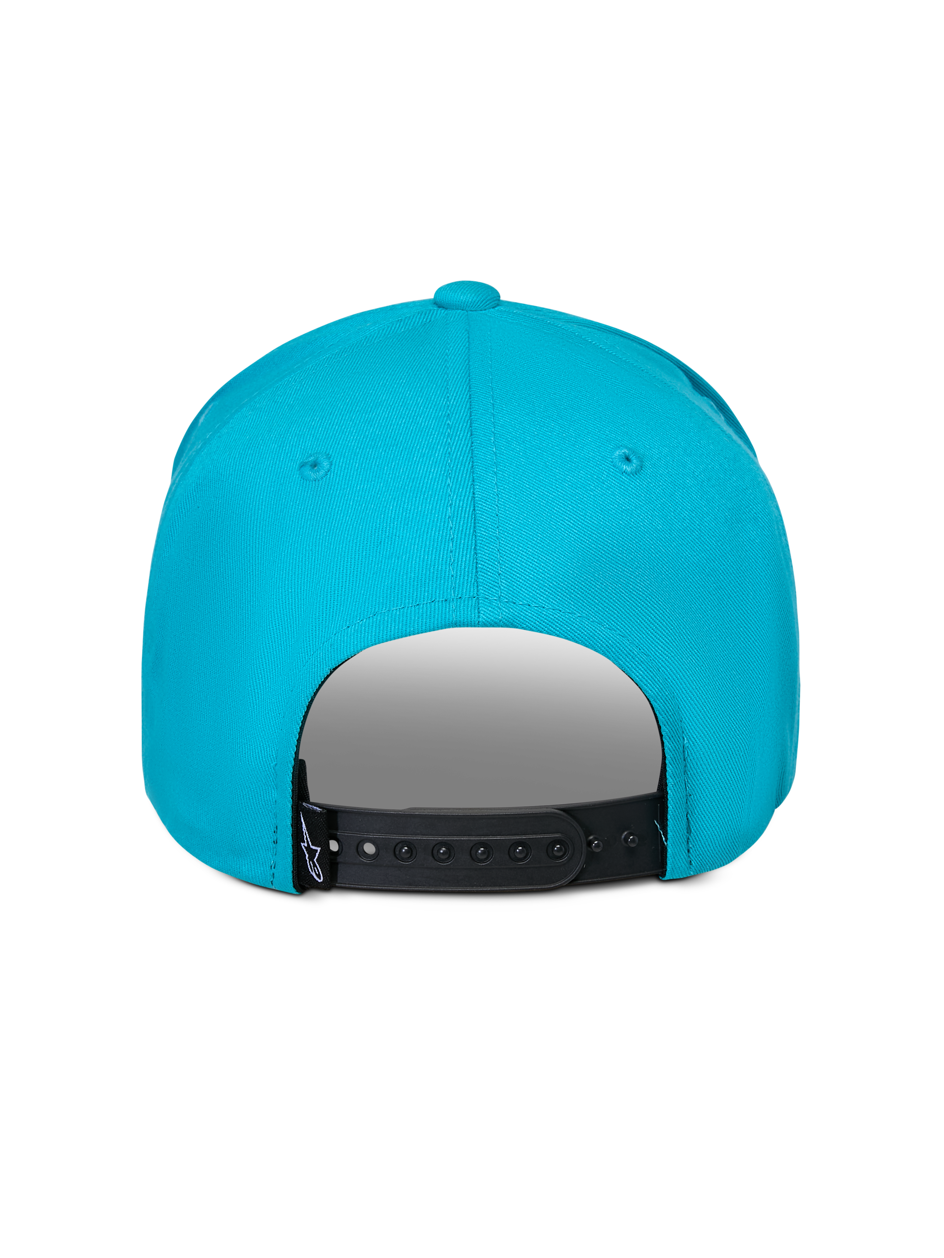 Alpinestars Luminary pet, Aqua blauw, achteraanzicht met verstelbare zwarte snapback-sluiting, klein zwart logo-label, 100% katoen keperstof, casual sportieve pet