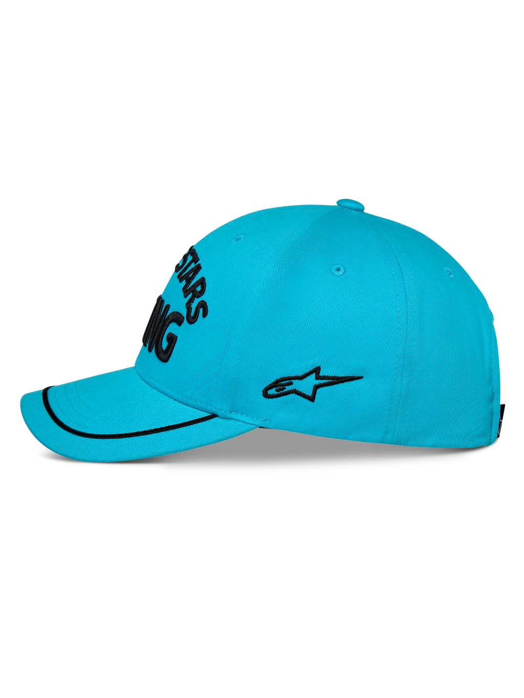 Alpinestars Luminary pet, aqua blauwe baseballpet, zijaanzicht, gebogen klep met zwarte sutache rand, zwart geborduurd logo aan de zijkant, gestructureerde kroon, casual sportkleding