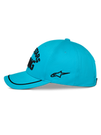 Alpinestars Luminary pet, aqua blauwe baseballpet, zijaanzicht, gebogen klep met zwarte sutache rand, zwart geborduurd logo aan de zijkant, gestructureerde kroon, casual sportkleding