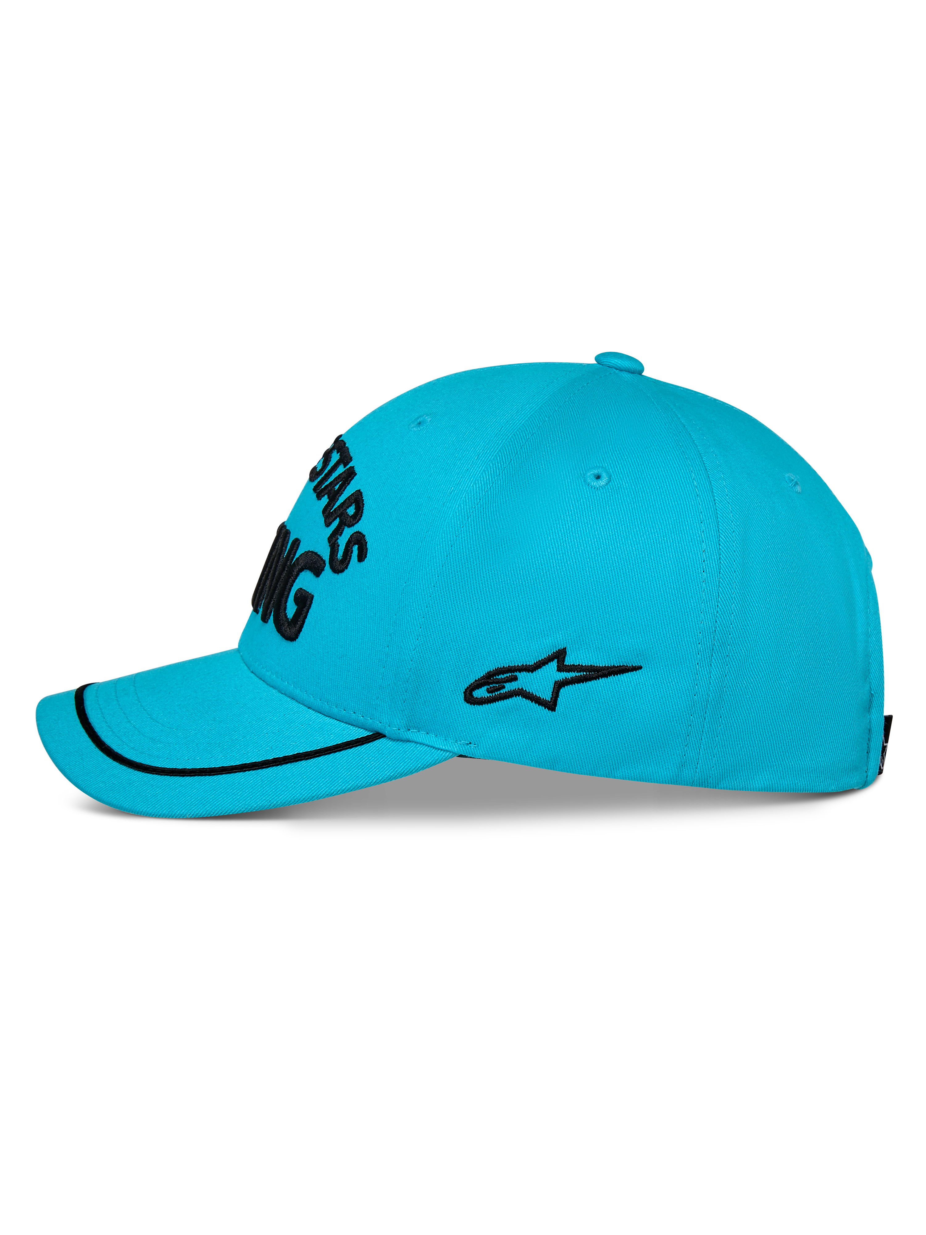 Alpinestars Luminary pet, aqua blauwe baseballpet, zijaanzicht, gebogen klep met zwarte sutache rand, zwart geborduurd logo aan de zijkant, gestructureerde kroon, casual sportkleding