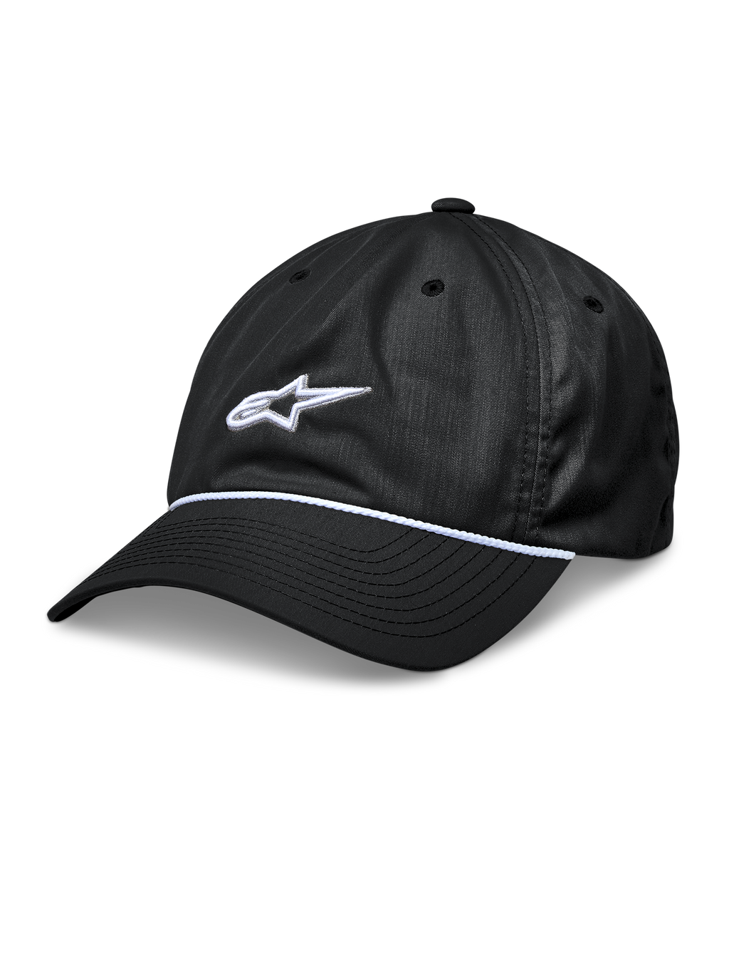 Alpinestars Tyler pet, zwarte snapback baseballcap, gebogen klep met witte gevlochten koordafwerking, wit 3D-geborduurd sterlogo, ongestructureerde lage kroon, casual sportswear