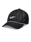 Alpinestars Tyler pet, zwarte snapback baseballcap, gebogen klep met witte gevlochten koordafwerking, wit 3D-geborduurd sterlogo, ongestructureerde lage kroon, casual sportswear