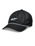 Alpinestars Tyler pet, zwarte snapback baseballcap, gebogen klep met witte gevlochten koordafwerking, wit 3D-geborduurd sterlogo, ongestructureerde lage kroon, casual sportswear