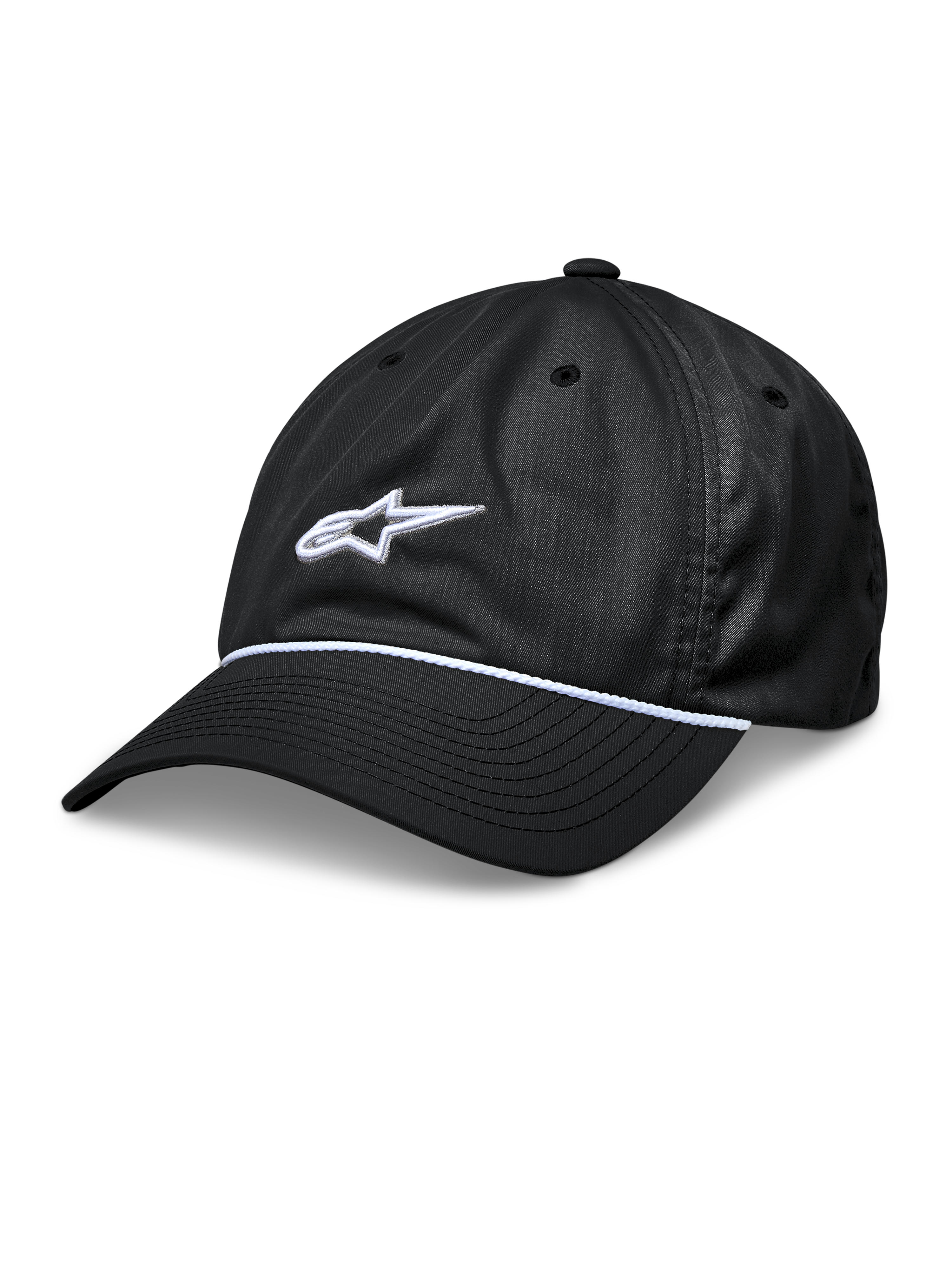 Alpinestars Tyler pet, zwarte snapback baseballcap, gebogen klep met witte gevlochten koordafwerking, wit 3D-geborduurd sterlogo, ongestructureerde lage kroon, casual sportswear