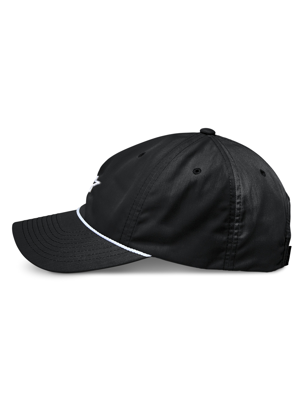 Alpinestars Tyler pet, zwarte snapback baseballcap, zijaanzicht, met gebogen klep en witte gevlochten koordafwerking, ongestructureerde lage kroon, gemaakt van gerecycled keperstof, casual motorsport-geïnspireerd ontwerp