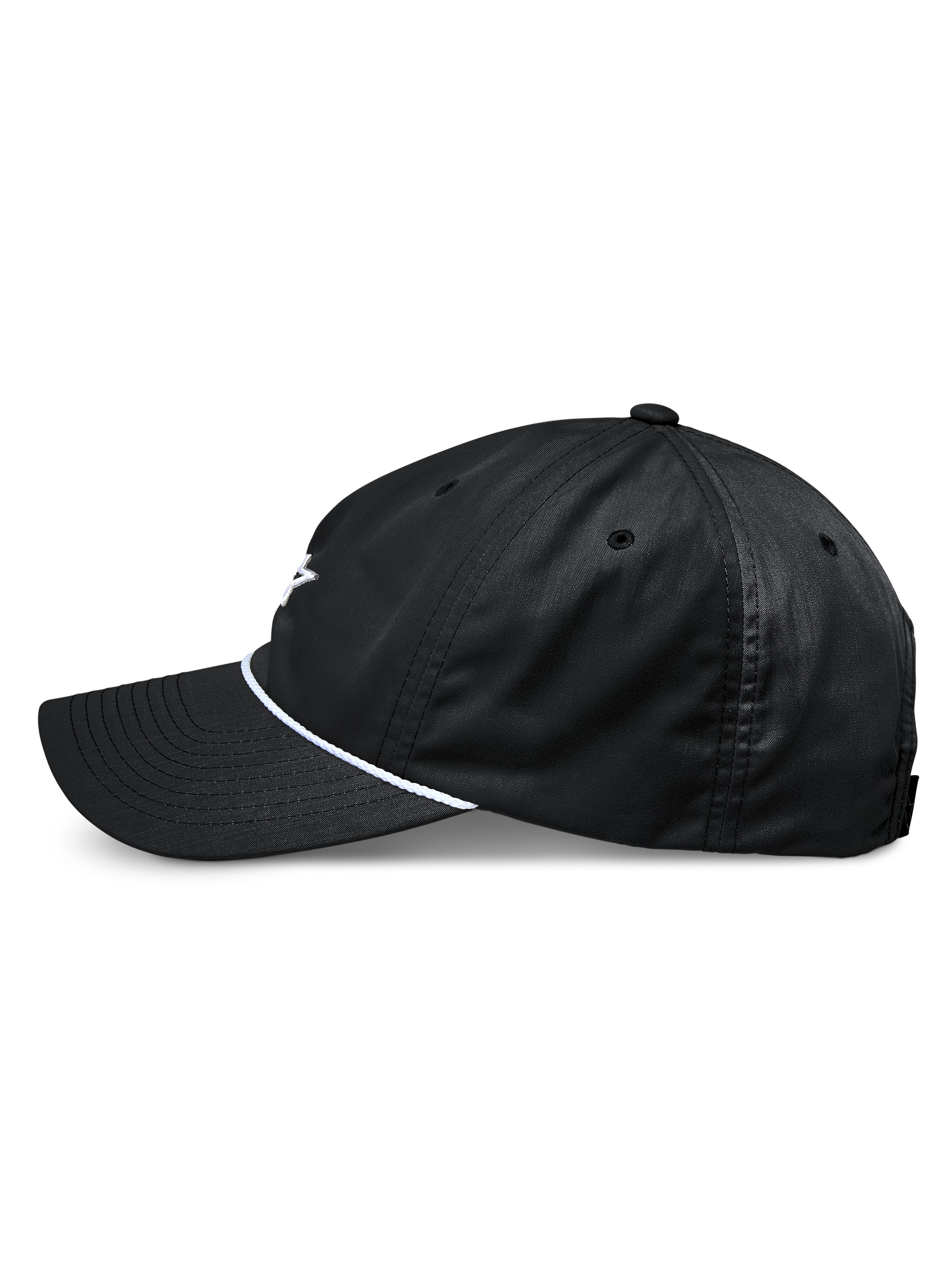 Alpinestars Tyler pet, zwarte snapback baseballcap, zijaanzicht, met gebogen klep en witte gevlochten koordafwerking, ongestructureerde lage kroon, gemaakt van gerecycled keperstof, casual motorsport-geïnspireerd ontwerp