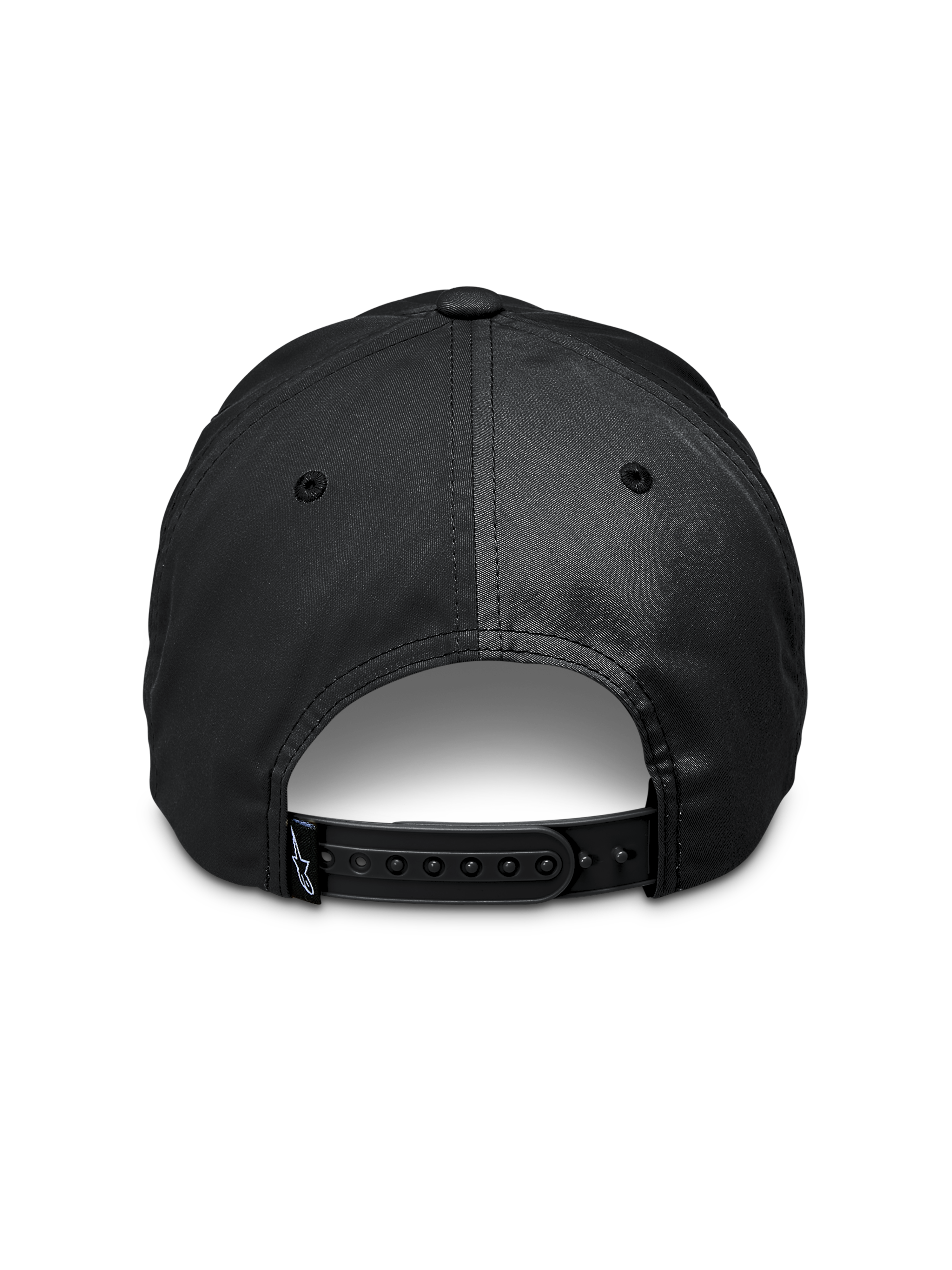 Alpinestars Tyler pet, zwart, achteraanzicht met verstelbare snapback-sluiting, klein logolabel op de band, gerecyclede polyester keperstof, casual sportkleding accessoire