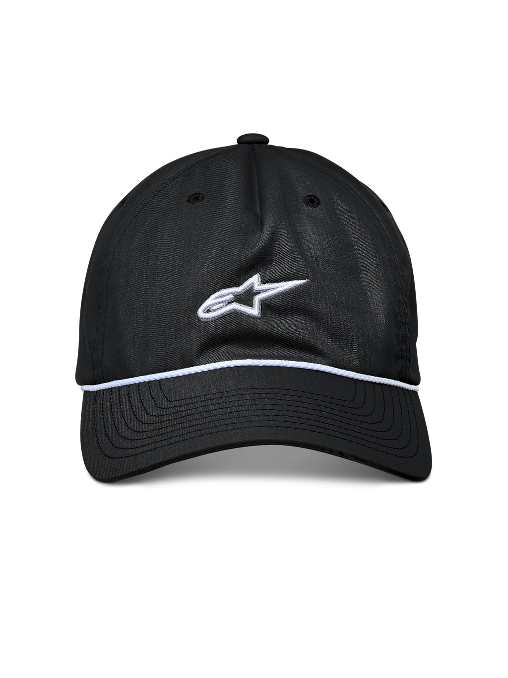 Alpinestars Tyler pet, zwarte snapback pet, gebogen klep met witte gevlochten koordafwerking, wit geborduurd Astars-logo, casual sportkleding