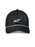 Alpinestars Tyler pet, zwarte snapback pet, gebogen klep met witte gevlochten koordafwerking, wit geborduurd Astars-logo, casual sportkleding