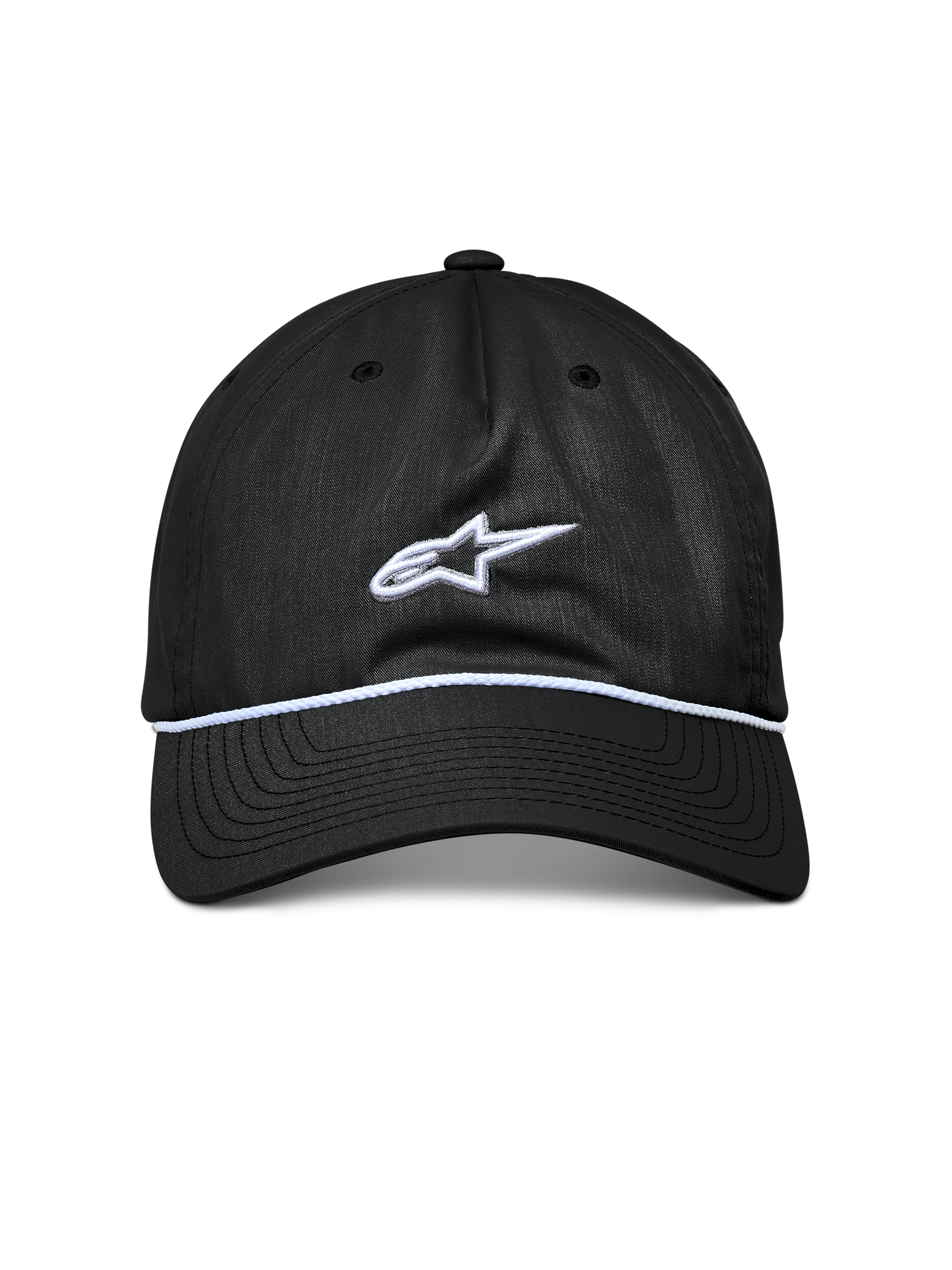 Alpinestars Tyler pet, zwarte snapback pet, gebogen klep met witte gevlochten koordafwerking, wit geborduurd Astars-logo, casual sportkleding