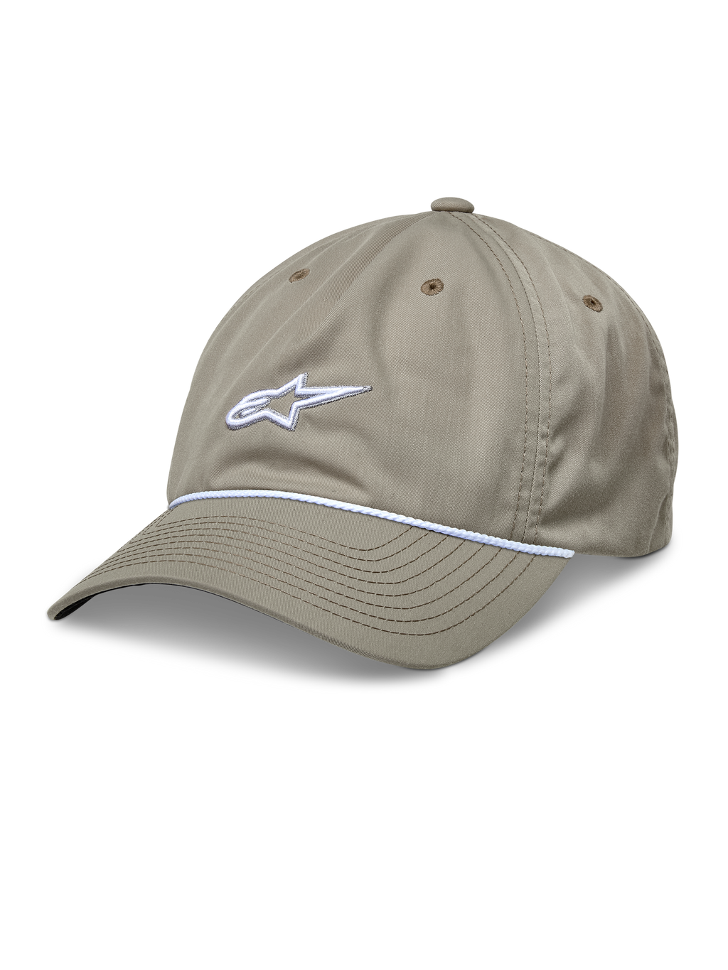 Alpinestars Tyler pet, khaki baseballcap met een wit 3D-geborduurd logo en witte gevlochten koordafwerking, ongestructureerde lage kroon met een gebogen klep, zes-panelen constructie van gerecycled keperstof met ventilatiegaten