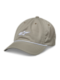 Alpinestars Tyler pet, khaki baseballcap met een wit 3D-geborduurd logo en witte gevlochten koordafwerking, ongestructureerde lage kroon met een gebogen klep, zes-panelen constructie van gerecycled keperstof met ventilatiegaten