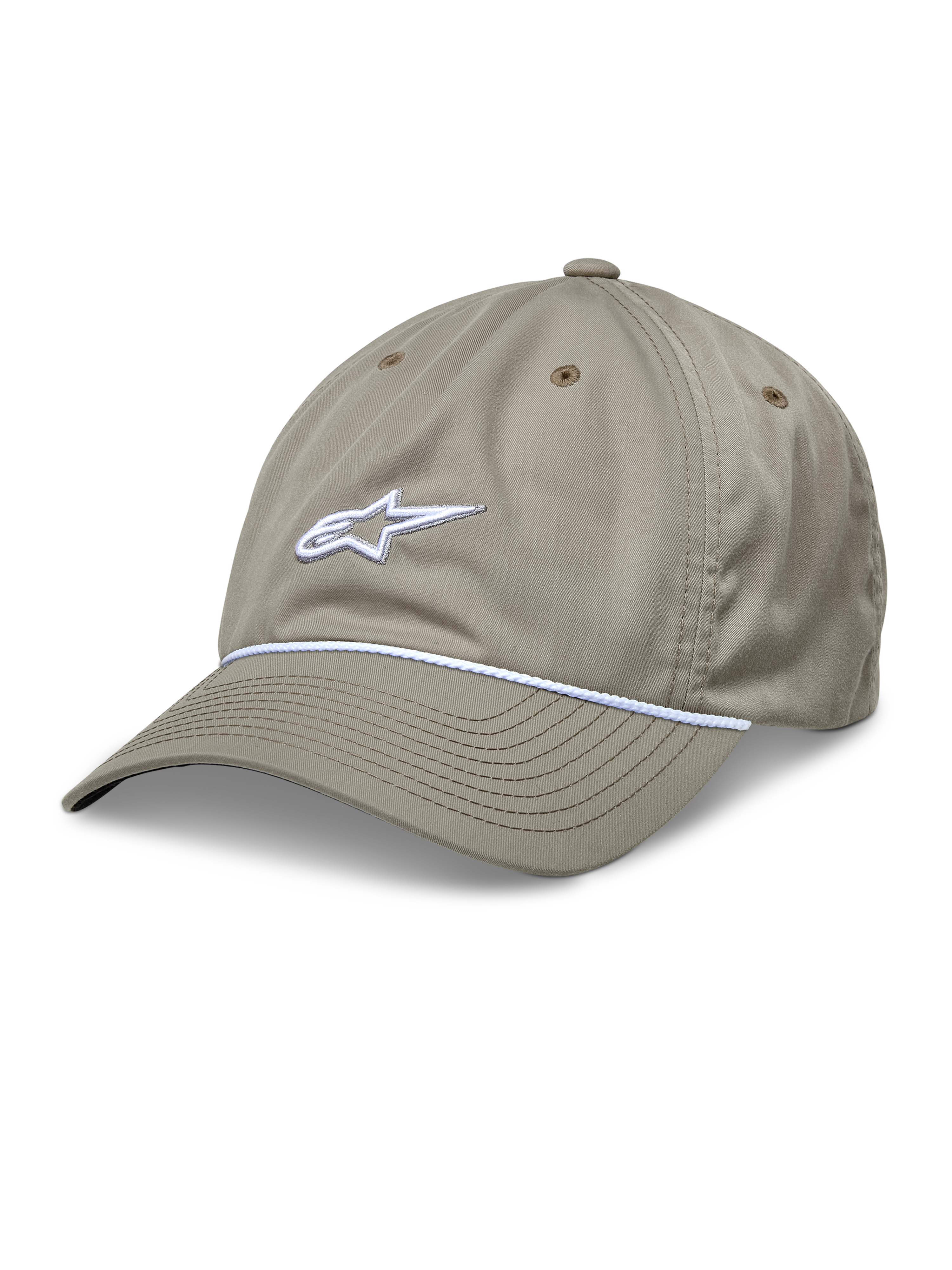 Alpinestars Tyler pet, khaki baseballcap met een wit 3D-geborduurd logo en witte gevlochten koordafwerking, ongestructureerde lage kroon met een gebogen klep, zes-panelen constructie van gerecycled keperstof met ventilatiegaten