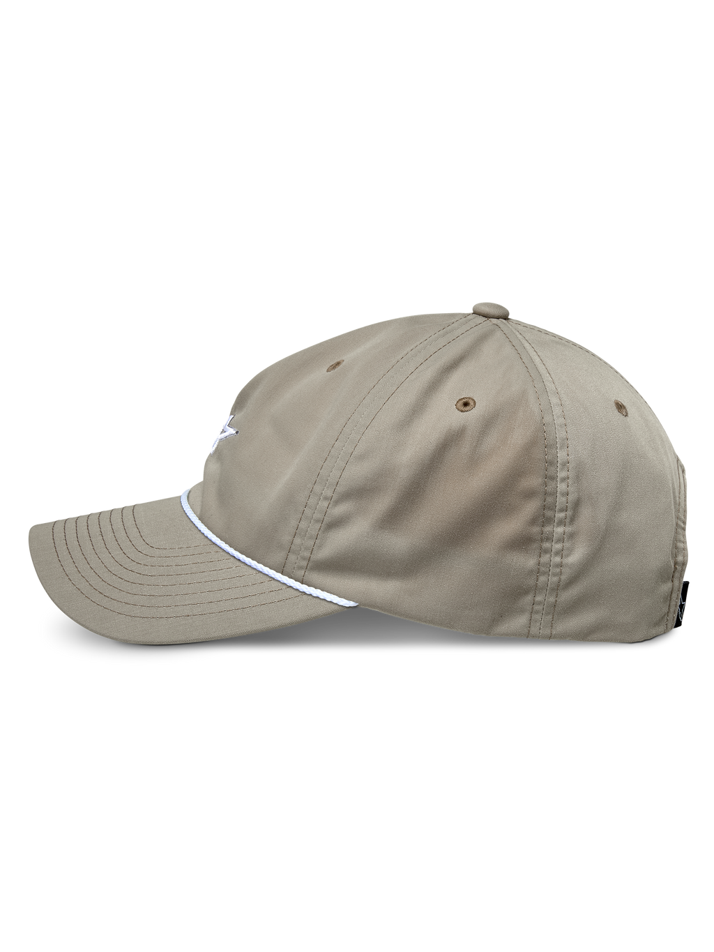 Alpinestars Tyler pet, khaki, zijaanzicht met gebogen klep en witte gevlochten koordafwerking, ongestructureerde lage kroon, casual sportkleding.