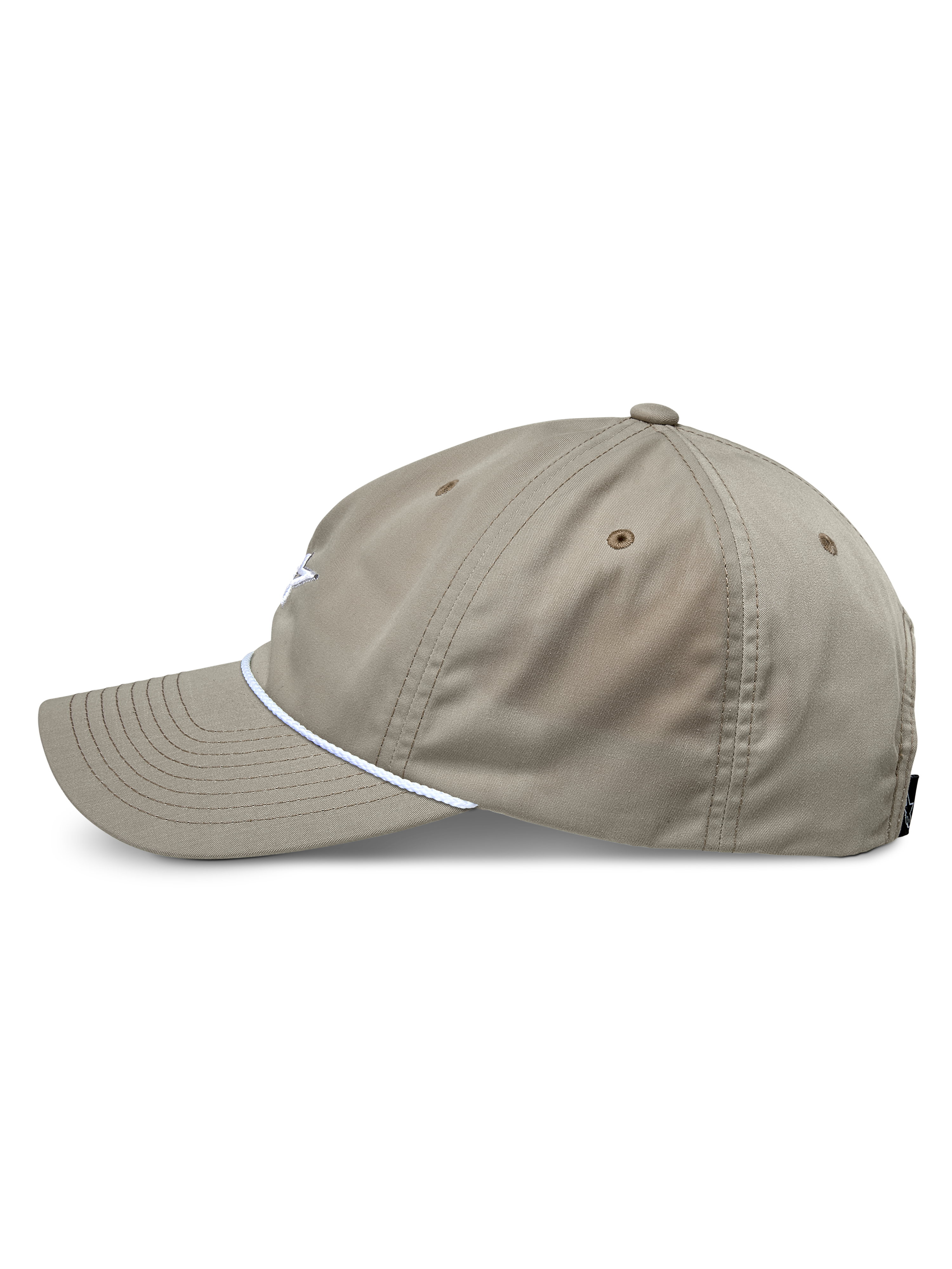 Alpinestars Tyler pet, khaki, zijaanzicht met gebogen klep en witte gevlochten koordafwerking, ongestructureerde lage kroon, casual sportkleding.