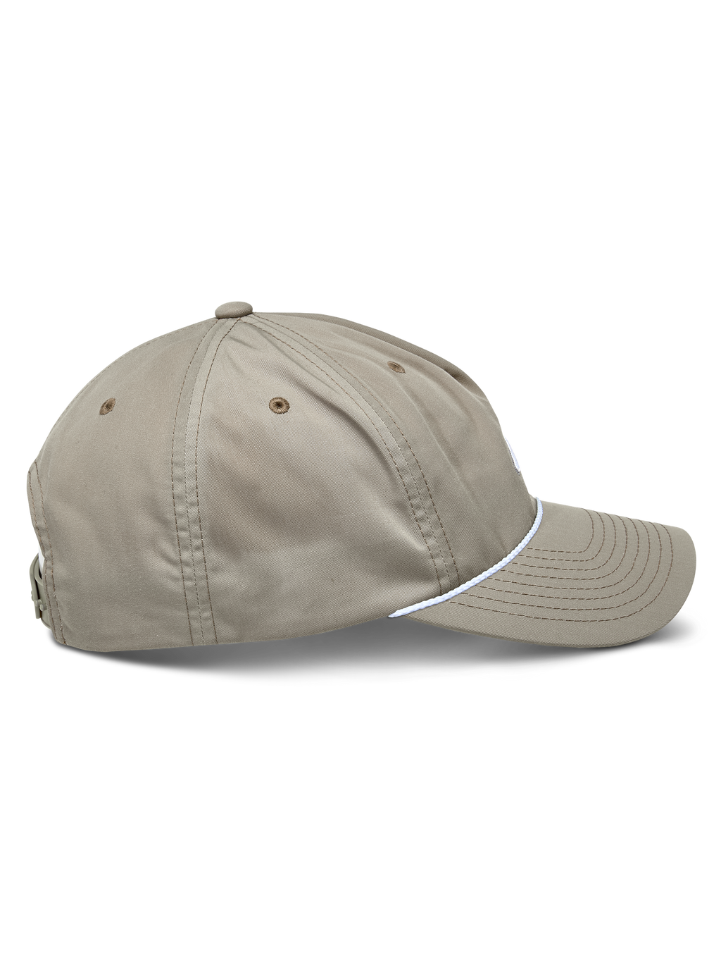 Alpinestars Tyler pet, khaki casual snapback cap, zijaanzicht met gebogen klep en witte gevlochten koordafwerking, ongestructureerde lage kroon van gerecyclede keperstof, motorsport-geïnspireerde lifestyle pet