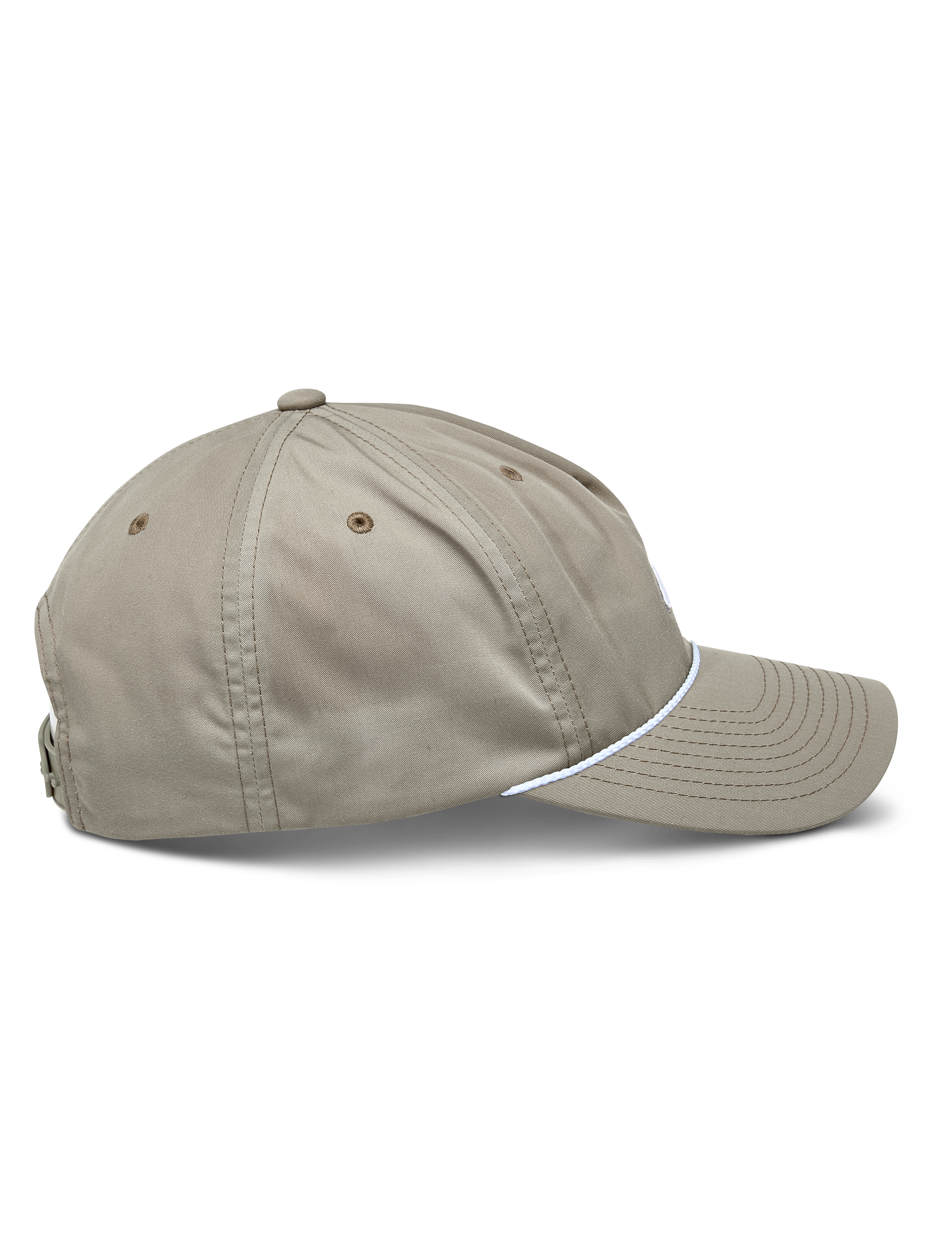Alpinestars Tyler pet, khaki casual snapback cap, zijaanzicht met gebogen klep en witte gevlochten koordafwerking, ongestructureerde lage kroon van gerecyclede keperstof, motorsport-geïnspireerde lifestyle pet
